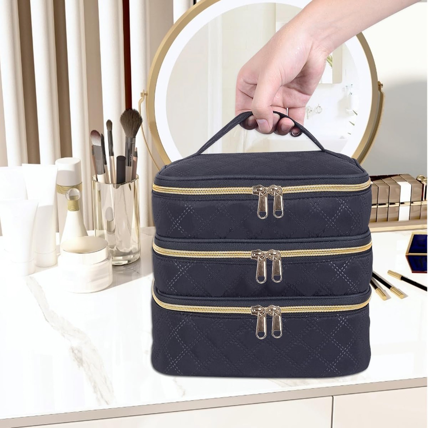 Large Makeup Bag 3 Layers with Handle Travel Makeup Bag Organizer Toiletry Ac…