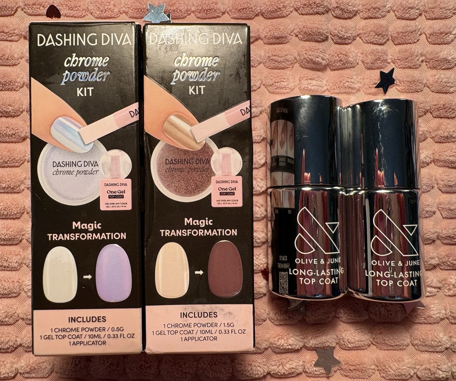 2 Dashing Diva Chrome Powder Kit • 2 Olive & June Top Coat • Nail Art Bundle Set