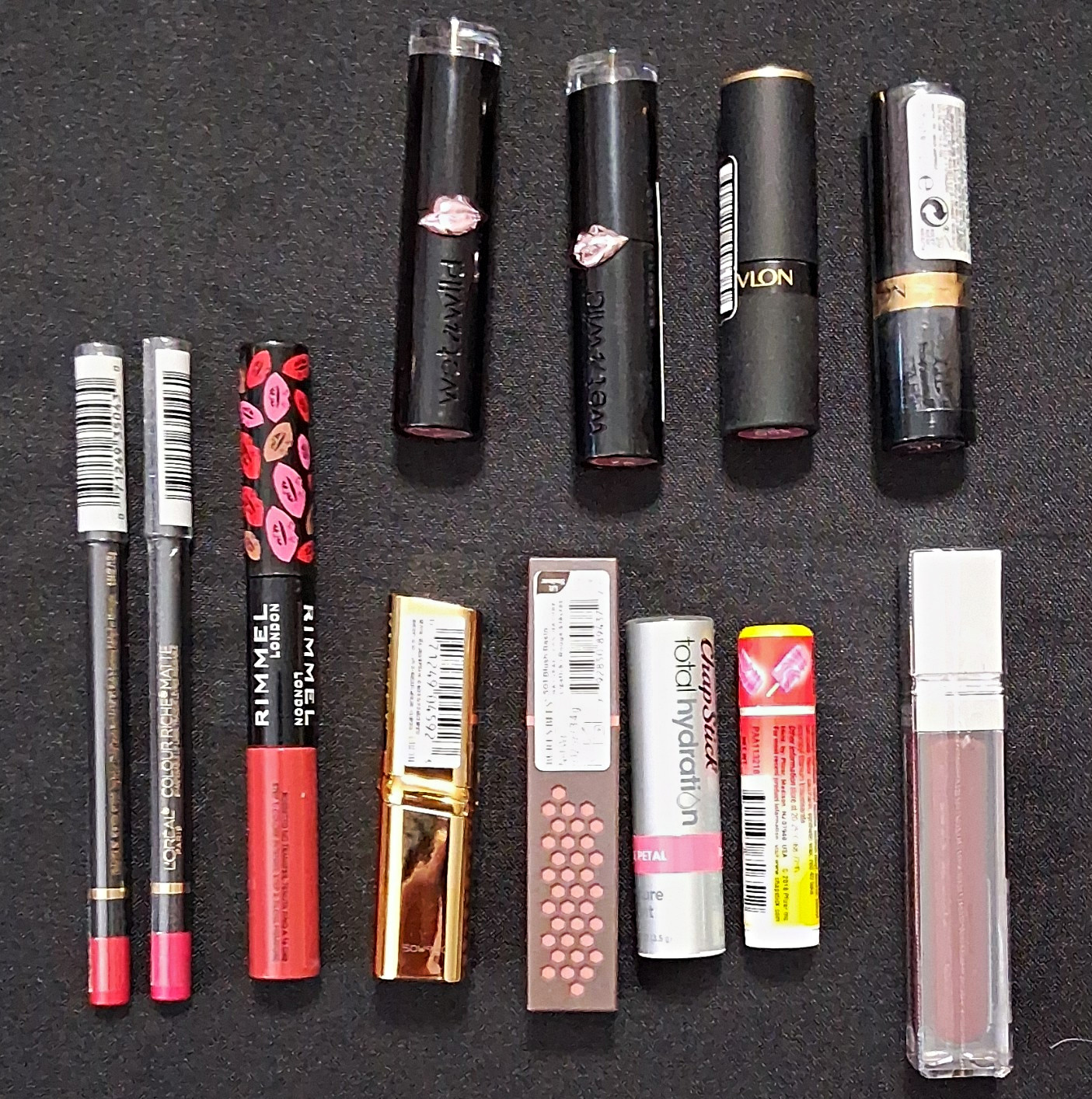 Assorted Full Size Matte Lip Makeup Lot: Revlon, Rimmel, Burt’s Bees, ChapStick