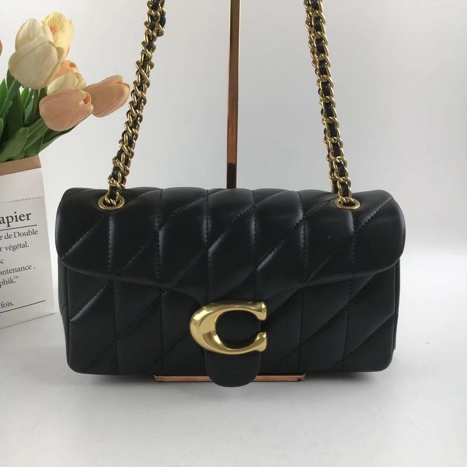 Coach Quilted Tabby 26 Shoulder Bag Black Nappa Leather Gold-Tone Chain Strap