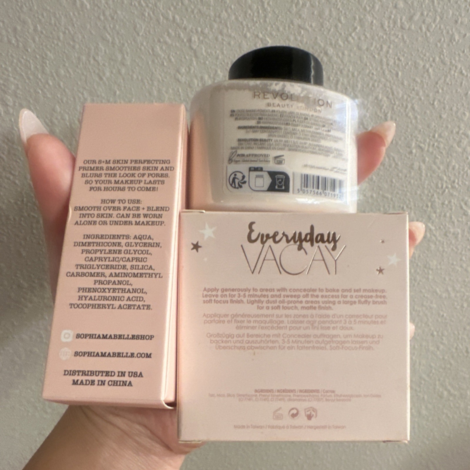 Revolution Translucent Powder, Ciaté Everyday Vacay, Sophia + Mabelle Primer