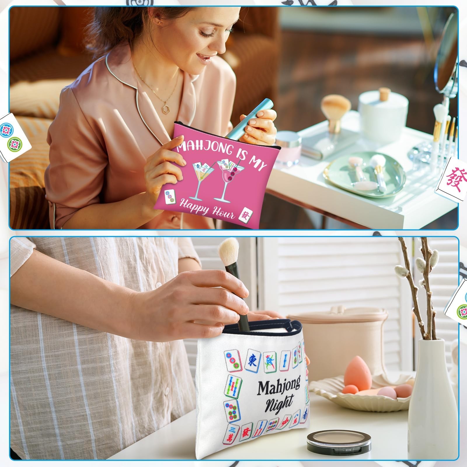 9 Pcs Mahjong Cosmetic Bag Gifts for Women Mahjong Makeup Bag Mah Jong Zipper…