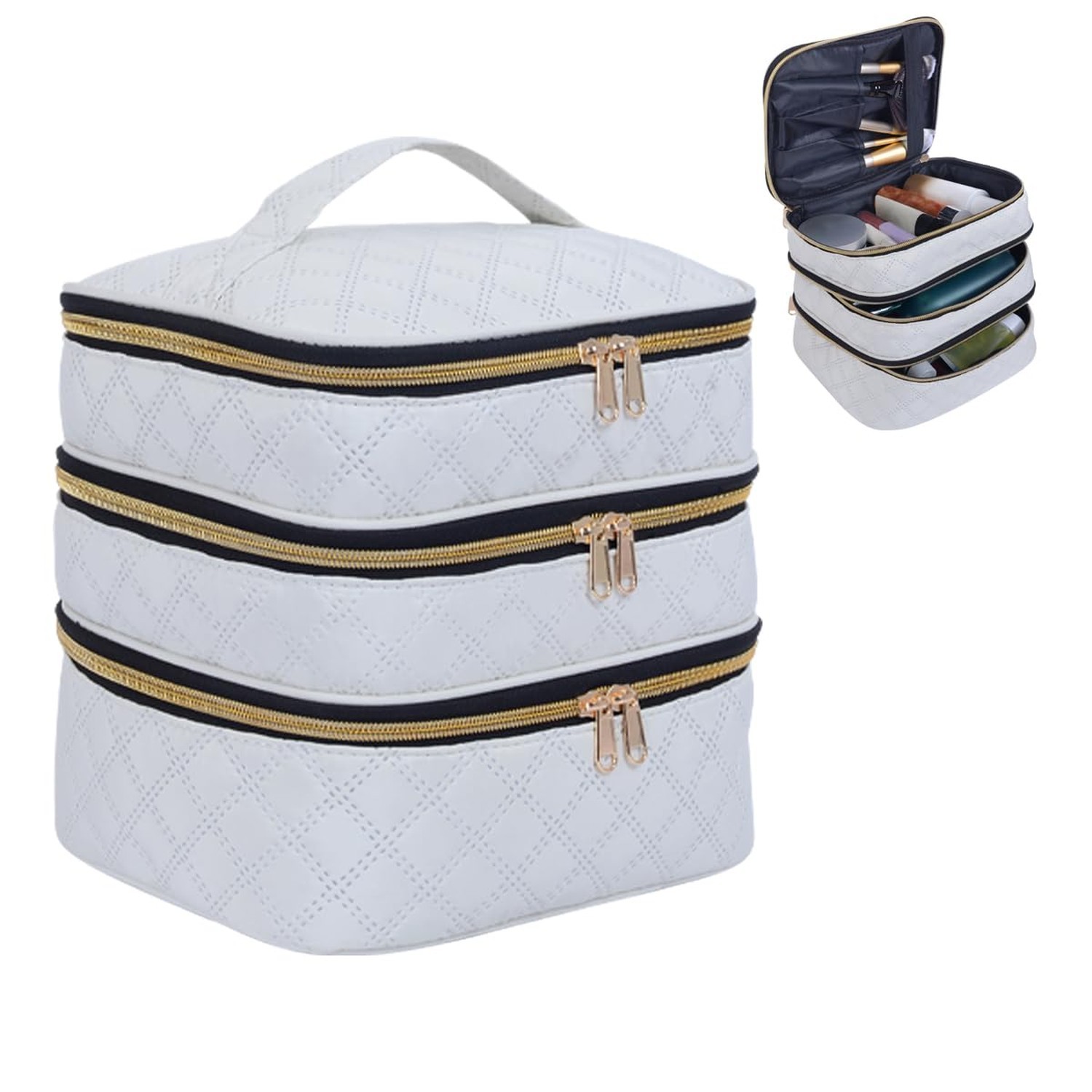 Large Makeup Bag 3 Layers with Handle Travel Organizer Case(Beige) | Large Ma…