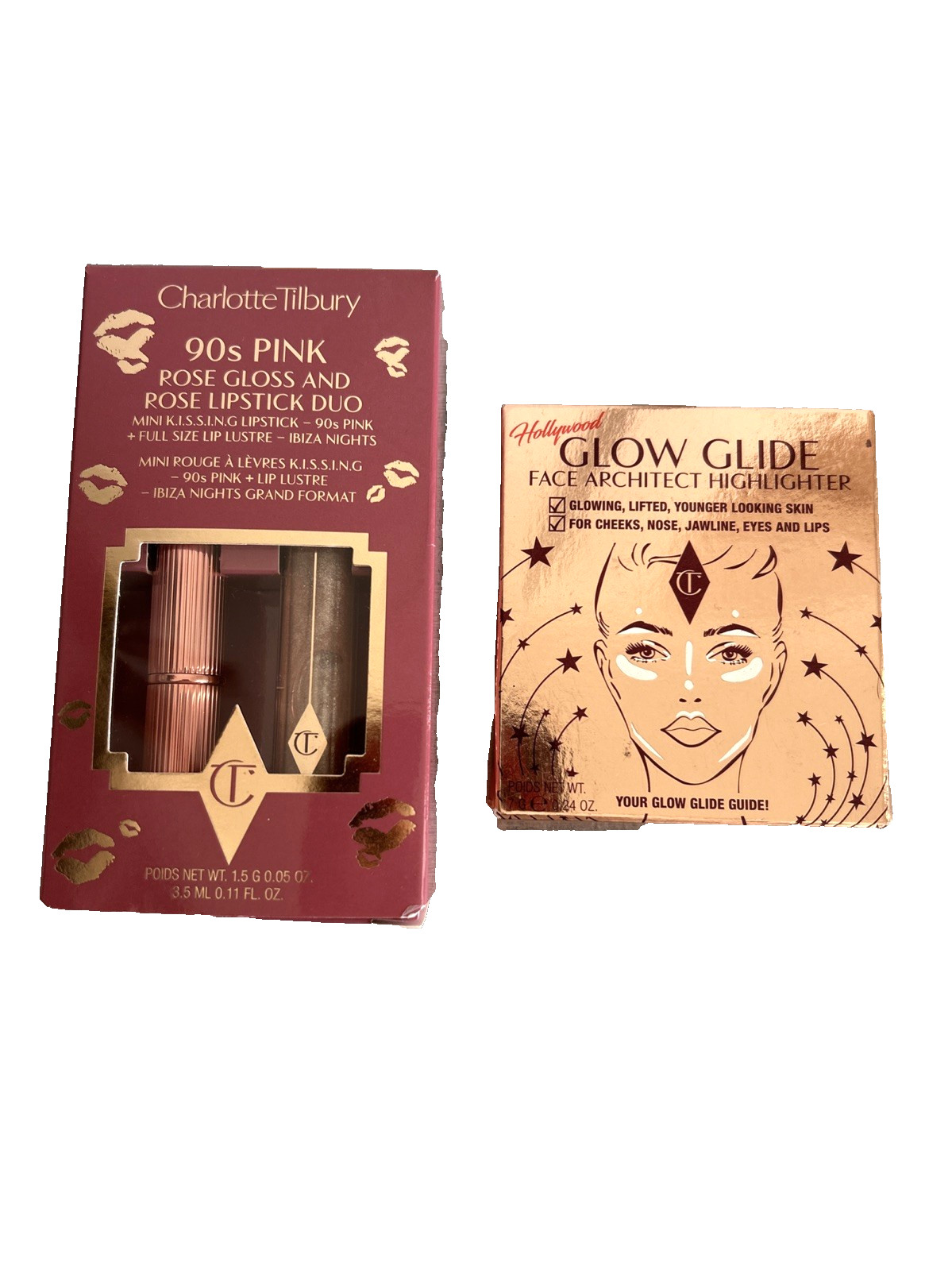 Charlotte Tilbury LOT of 2 Rose Gold Glow Highlighter, 90s Pink Lipstick & Gloss