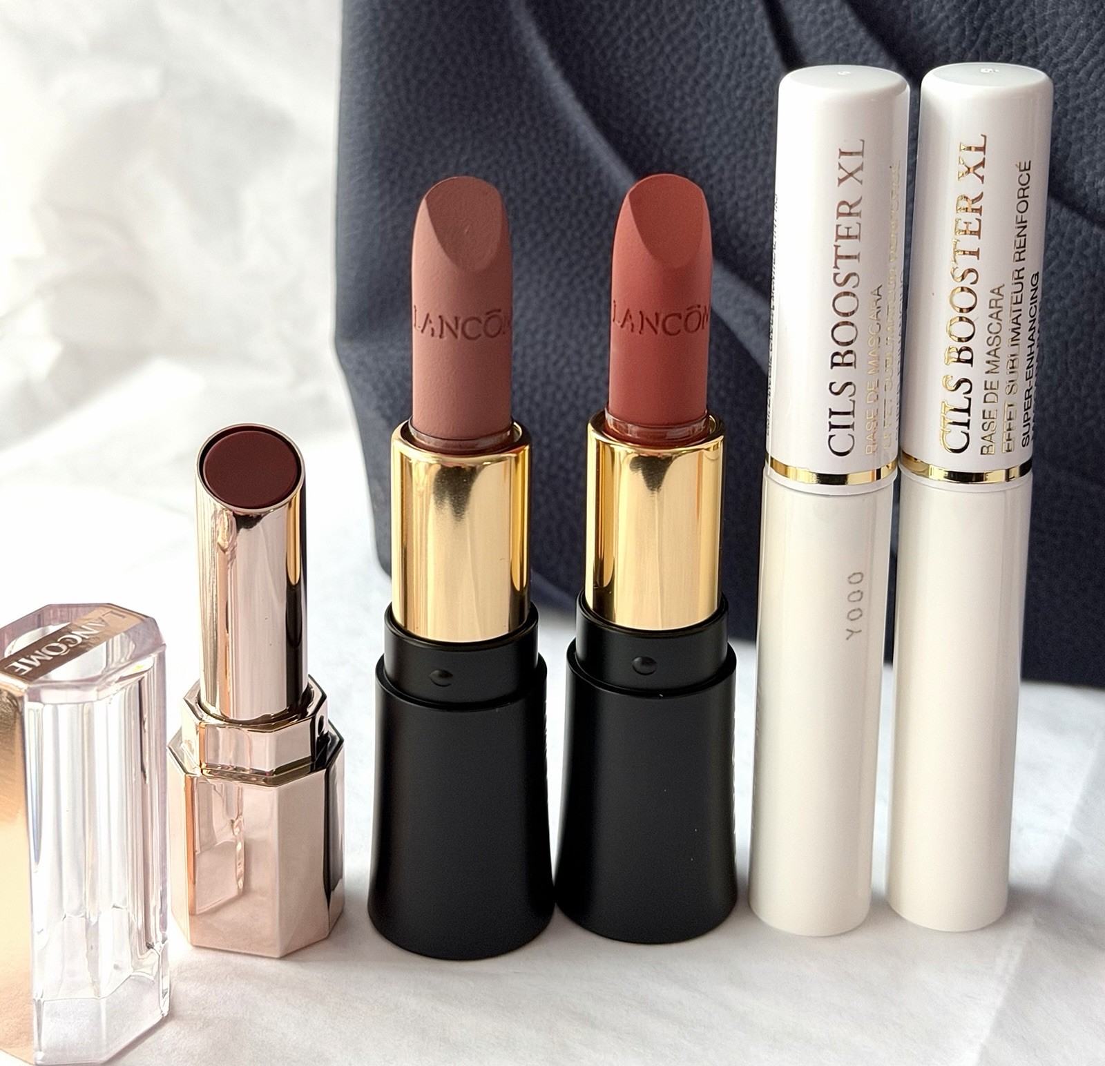 8PC LANCOME Set/Lipsticks/Cils Booster XL/Lip Idole Butterglow Lip Balm/Bag