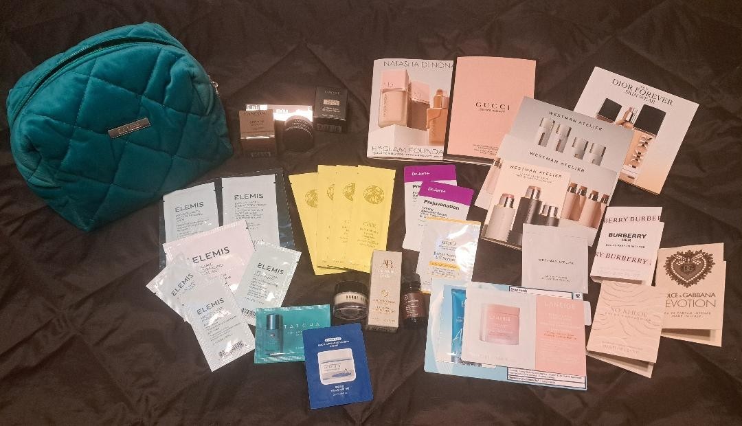 Lot 34 Beauty Samples & La Mer Zip Bag ~ Elemis-Lancome-Dior-Gucci-Oribe-Kiehl’s