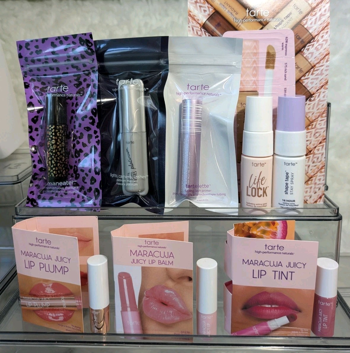 Tarte Beauty 9pcs Deluxe Samples Maracuja Lips, Setting spray, Maneater, Tartel