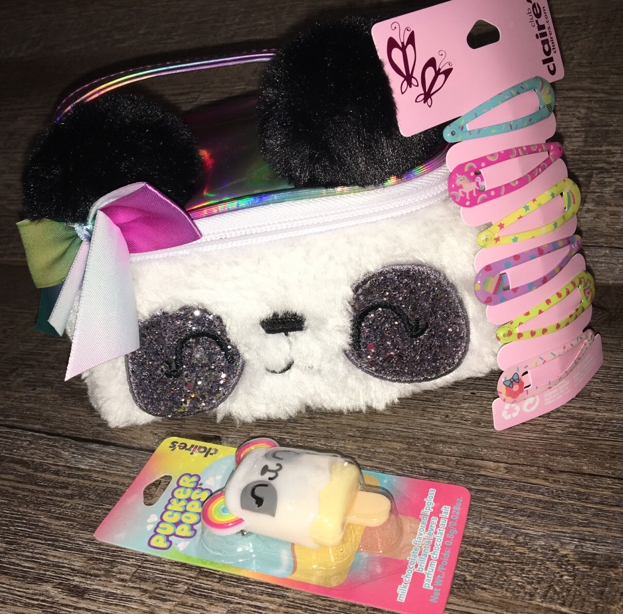 Claire’s Plush Panda Cosm Bag Unicorn Hair Clip Lip Gloss Keychain Backpack Lot