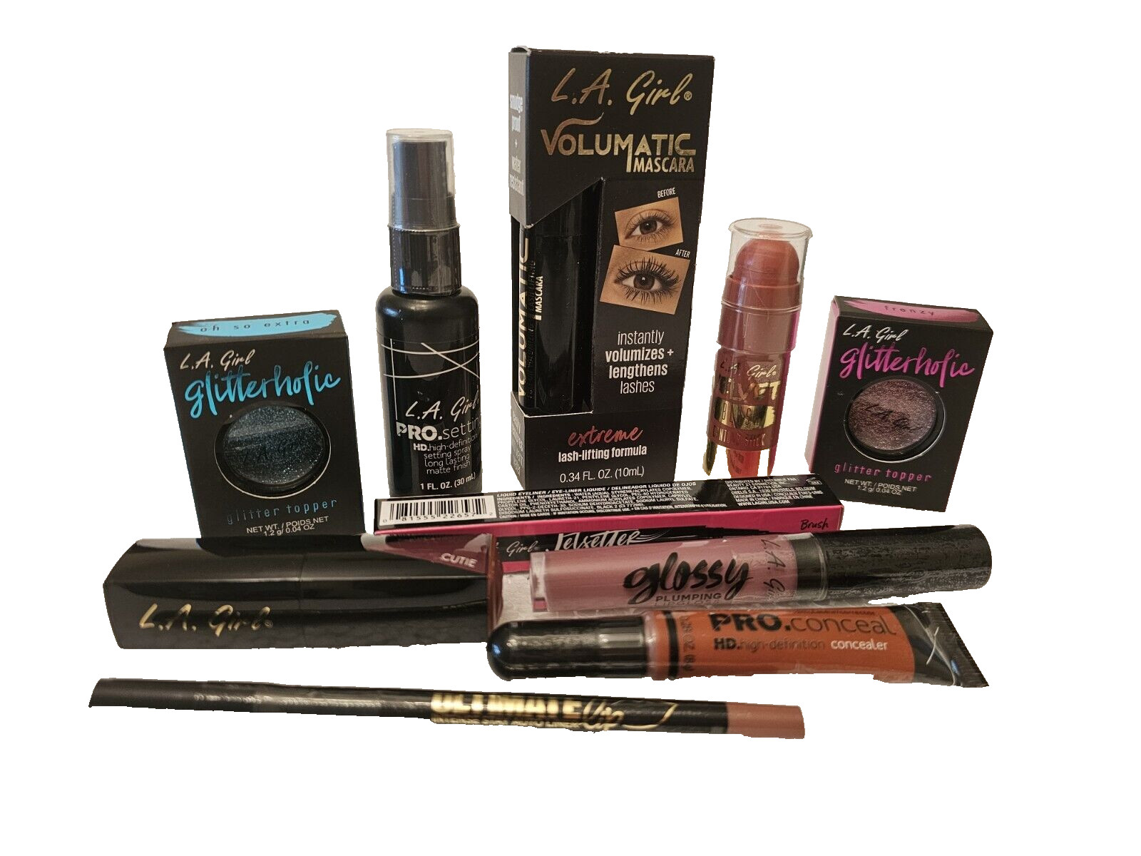 L.A Girl 10 Pc Mascara Glitter Set. Spray Lip/Eye Liner Lipstick Conceal Blush.