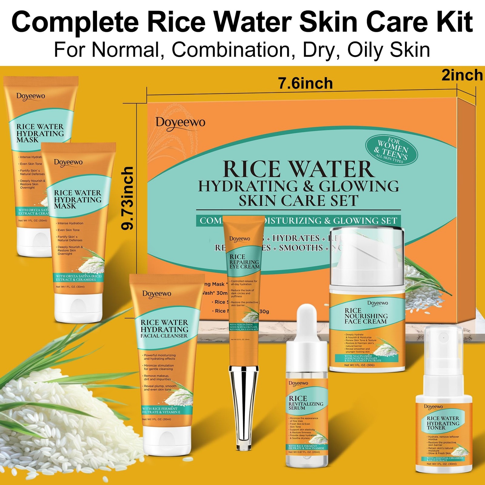 Skin Care Set,7Pcs Women Teen Glass Skincare w/Korean Rice Extract,Hydrate Gl…