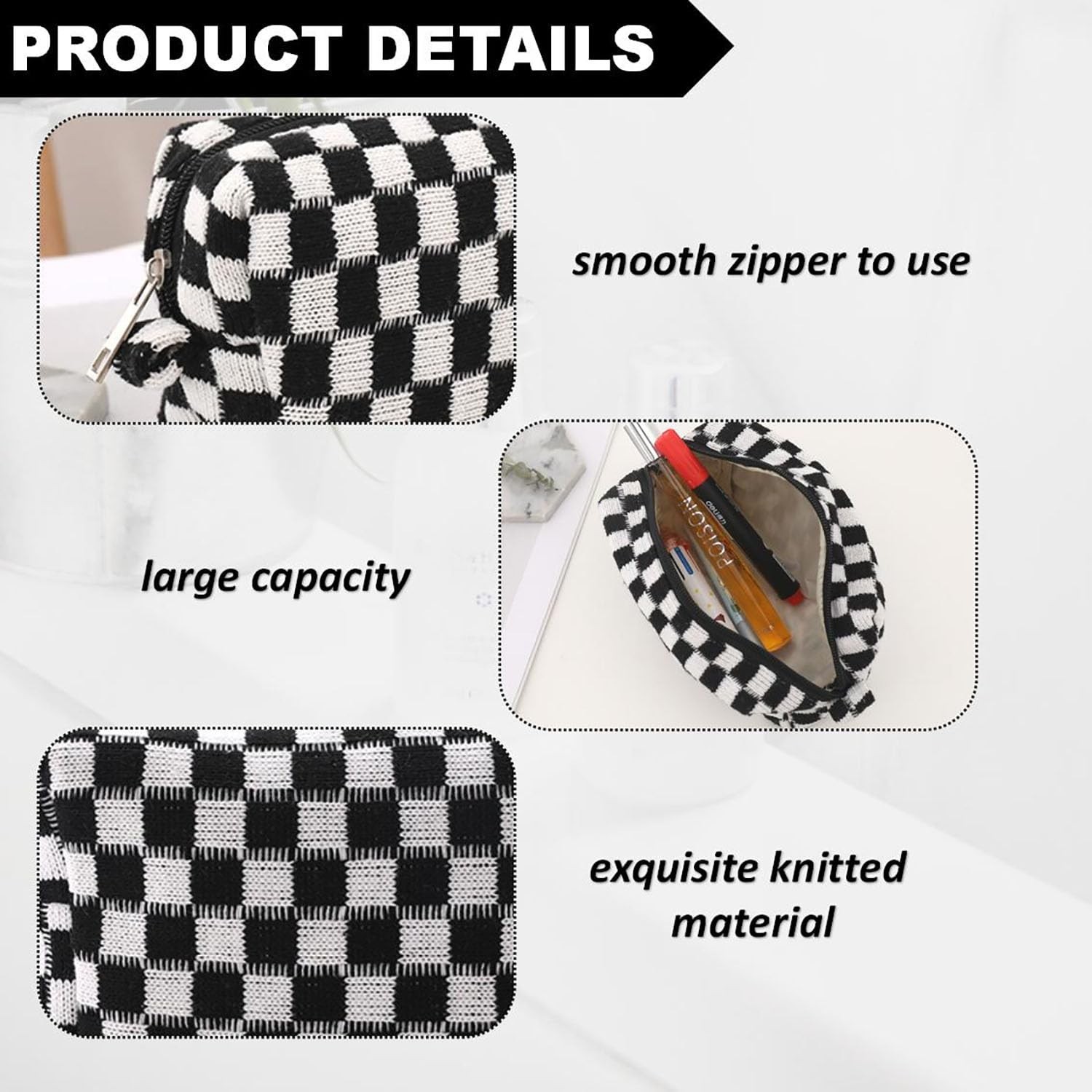 2Packs Checkered Makeup Bag Large Black and White Preppy Comestic Bag Set Tra…