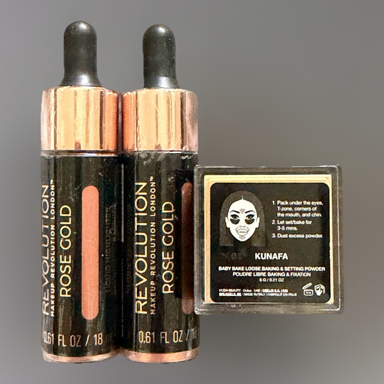 Revolution Rose Gold Highlighter & Huda Beauty Kunafa Bake Powder Bundle