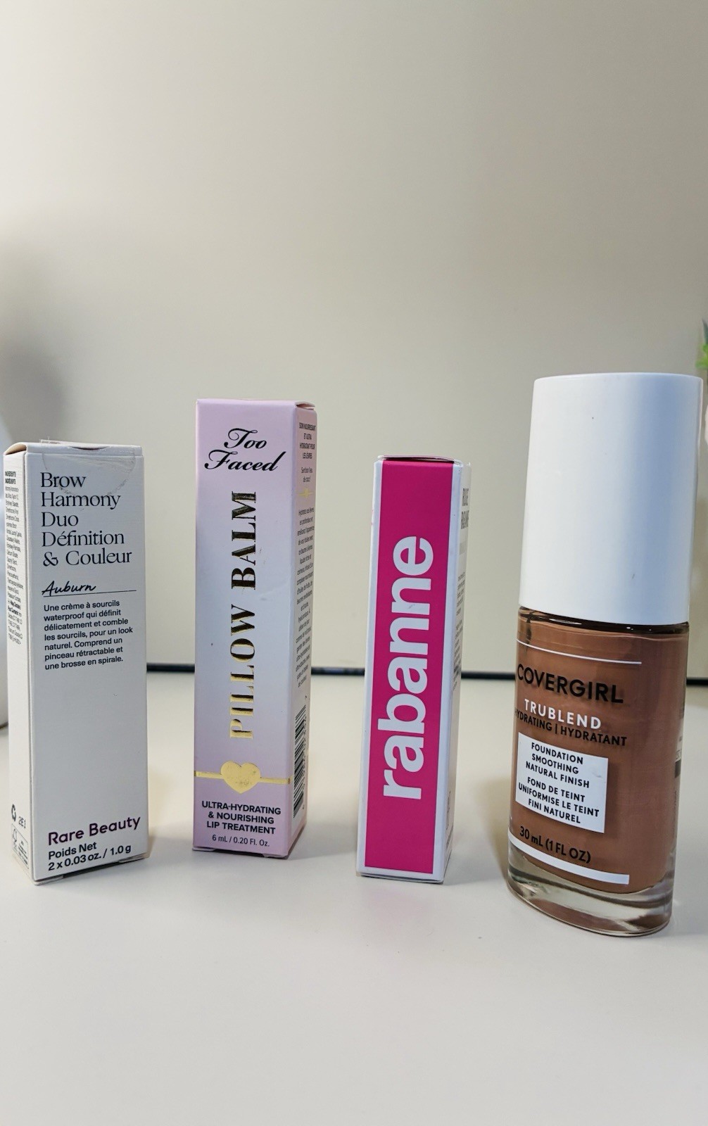 Rare Beauty Brow Duo, Too Faced Pillow Balm, Rabanne Lipstick, Covergirl Lot