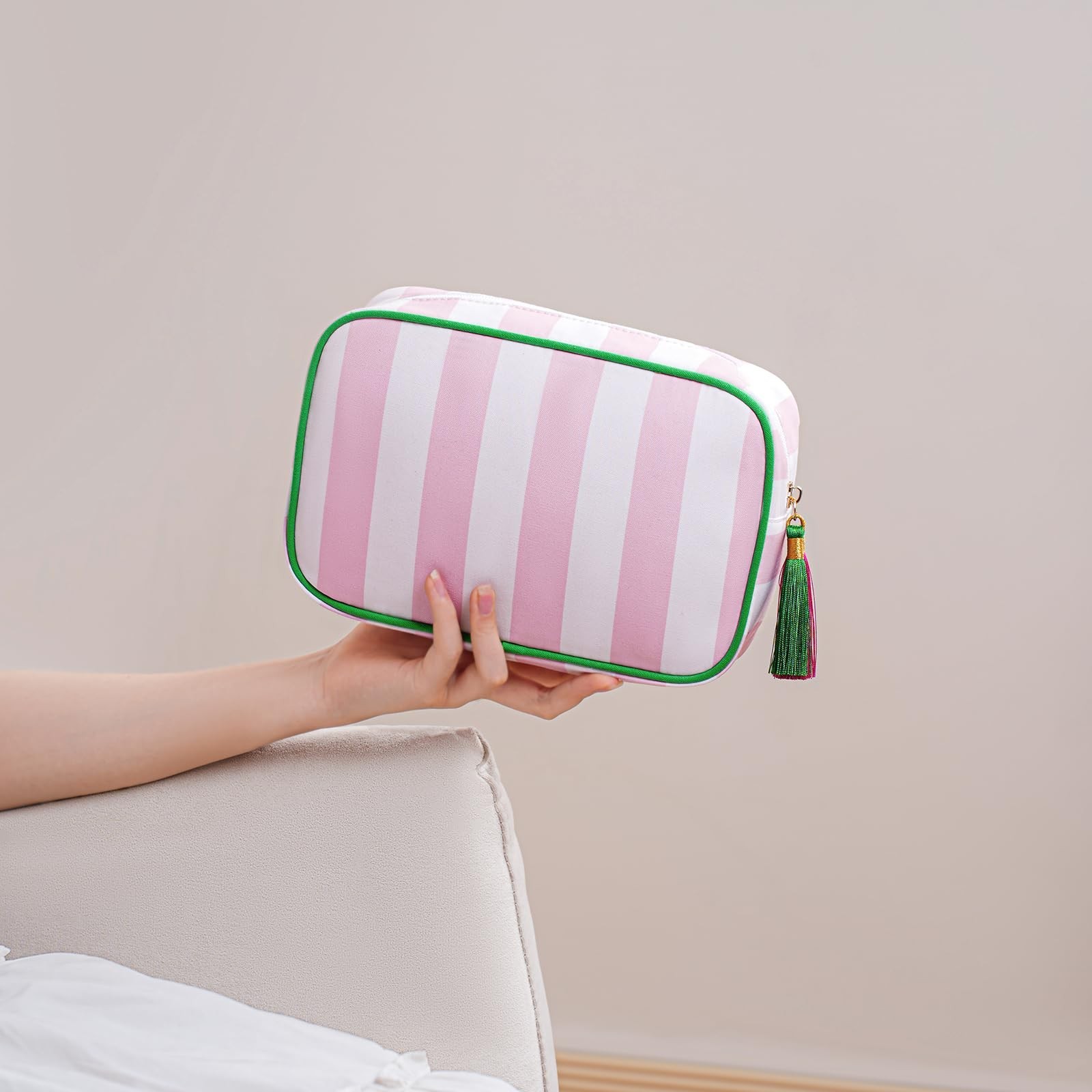 Large Stripe Canvas Zipper Makeup Bag,Aesthetic Tassel Travel Cosmetic Bag,Co…