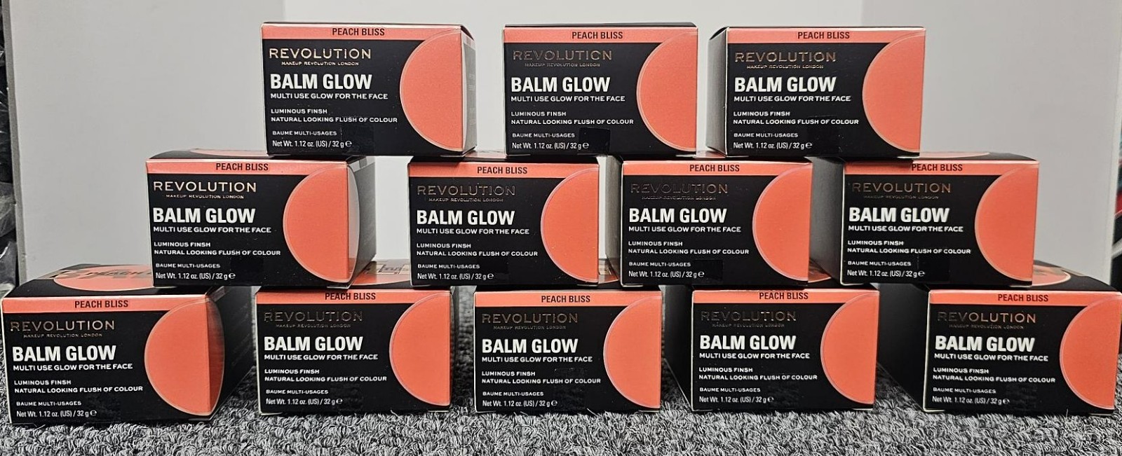 12 BOXES of REVOLUTION BALM GLOW, PEACH BLISS Multi-Use Balm, 1.12 oz/box TWELVE