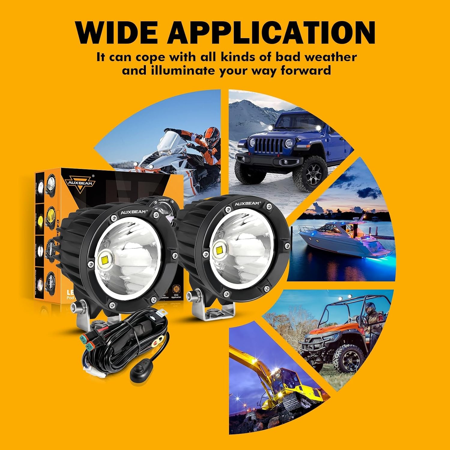 4 Inch 72W round Offroad Lights, 2PCS 7200LM LED Driving Pod Spot Lights White B