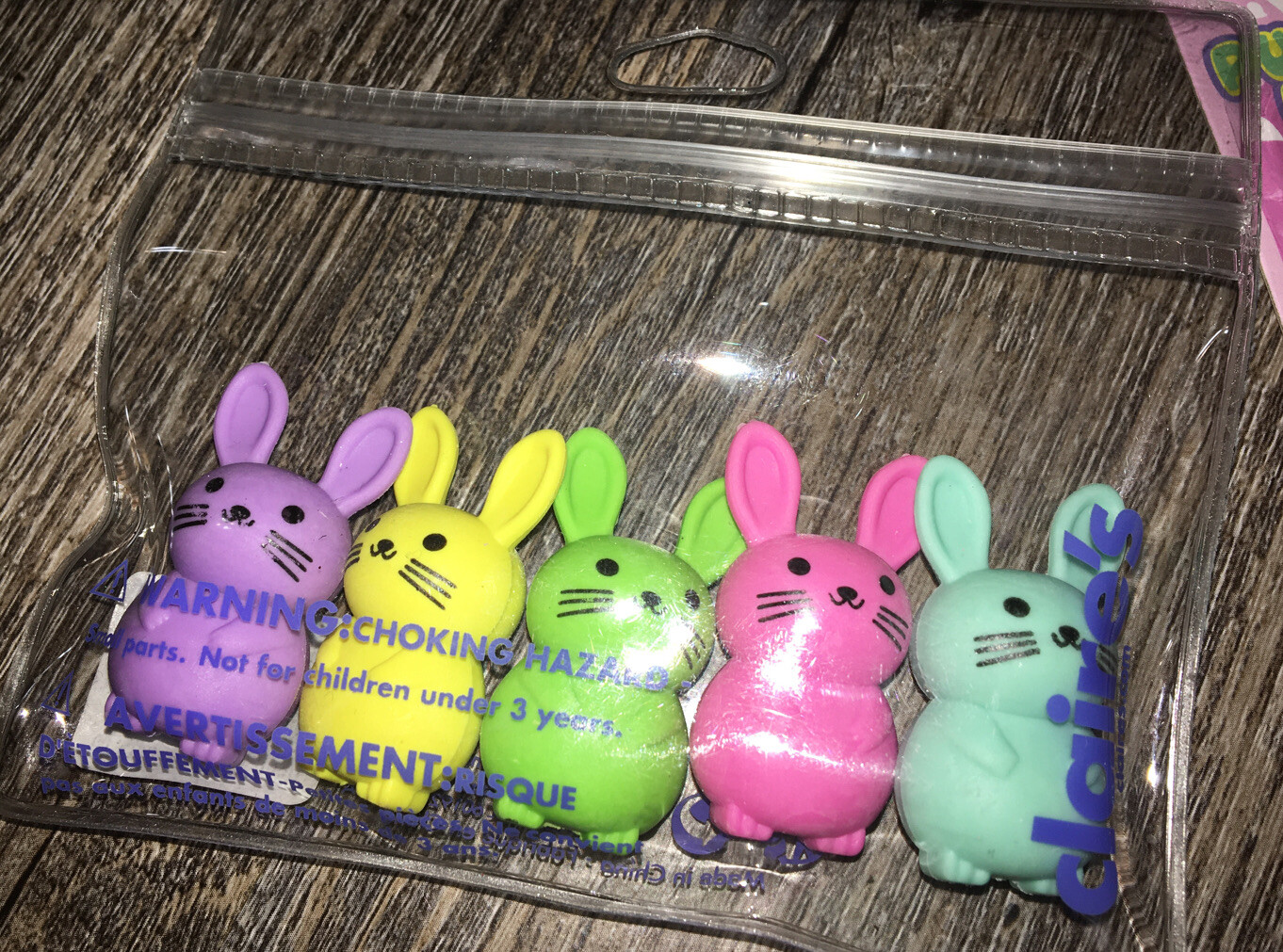 Claire’s Rainbow Pink Purple Yellow Blue Green Bunny Eraser Toy Easter Lot