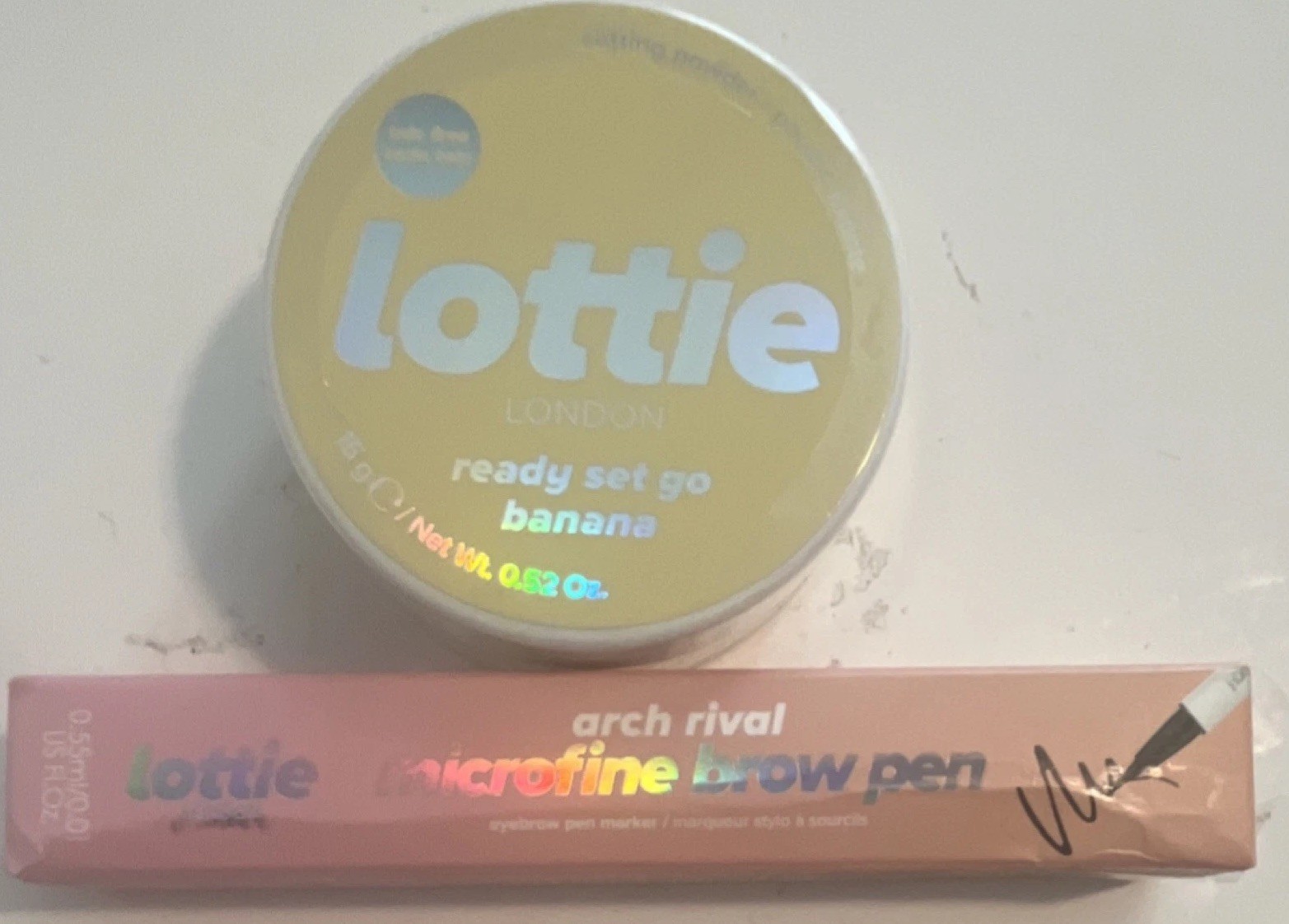 Lottie London Ready Set Go Banana Setting Powder + Arch Rival Brow Pen, PETA