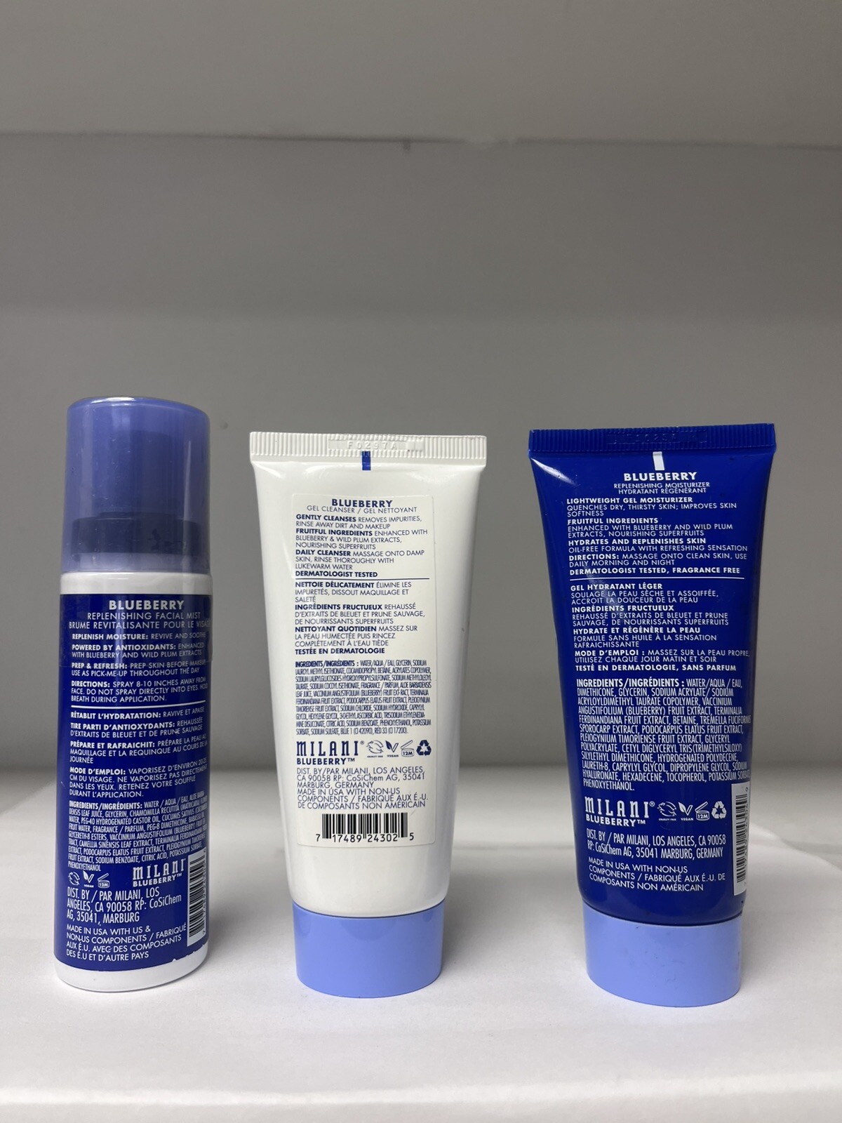 Milani 3 PC Facial Care Set- Gel Cleanser, Moisturizer & Facial Mist Blueberry