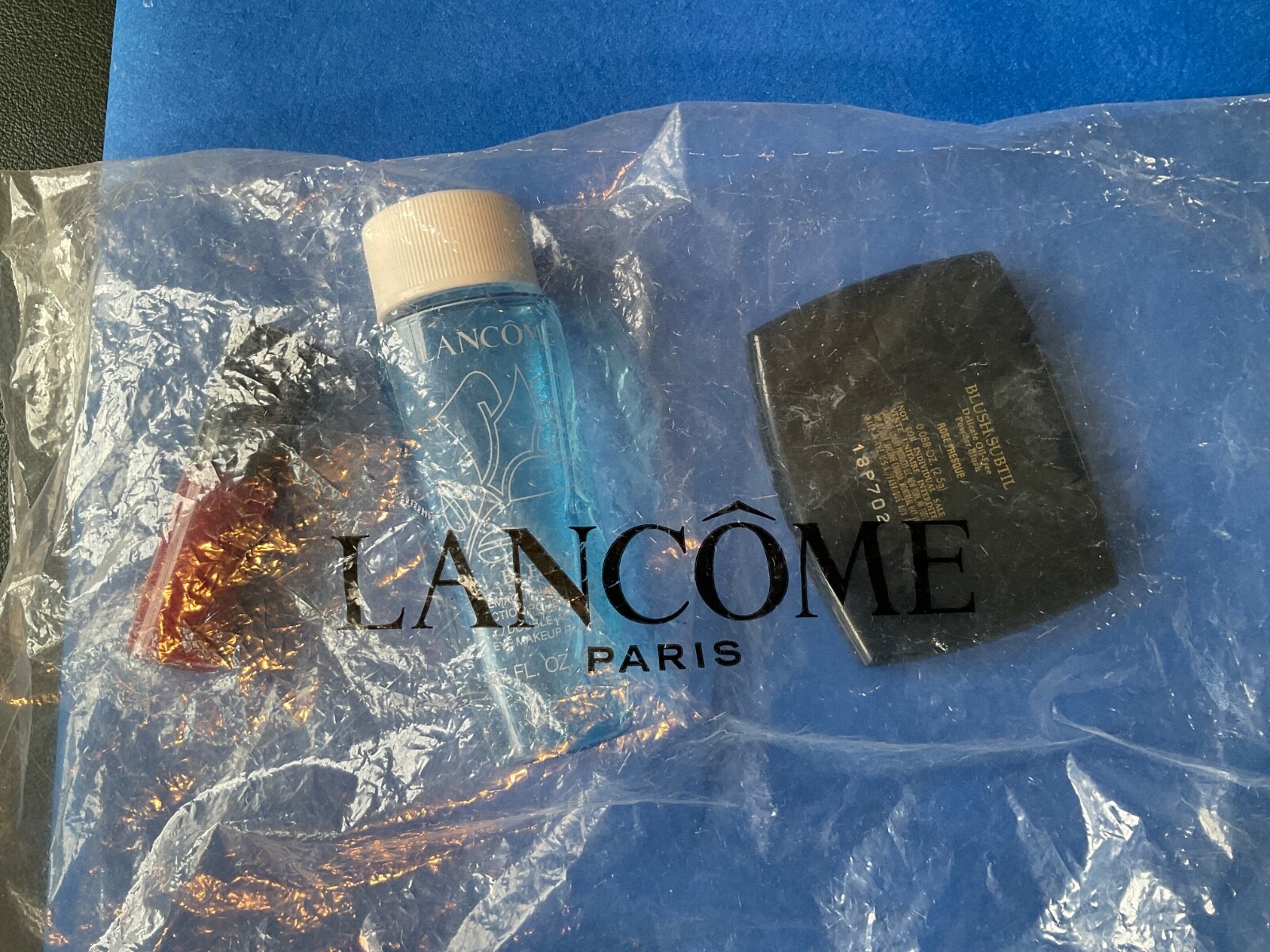 Lancôme makeup lot Blush SUBTIL, Bi-Facil, lip gloss, TRAVEL SIZES sealed pouch