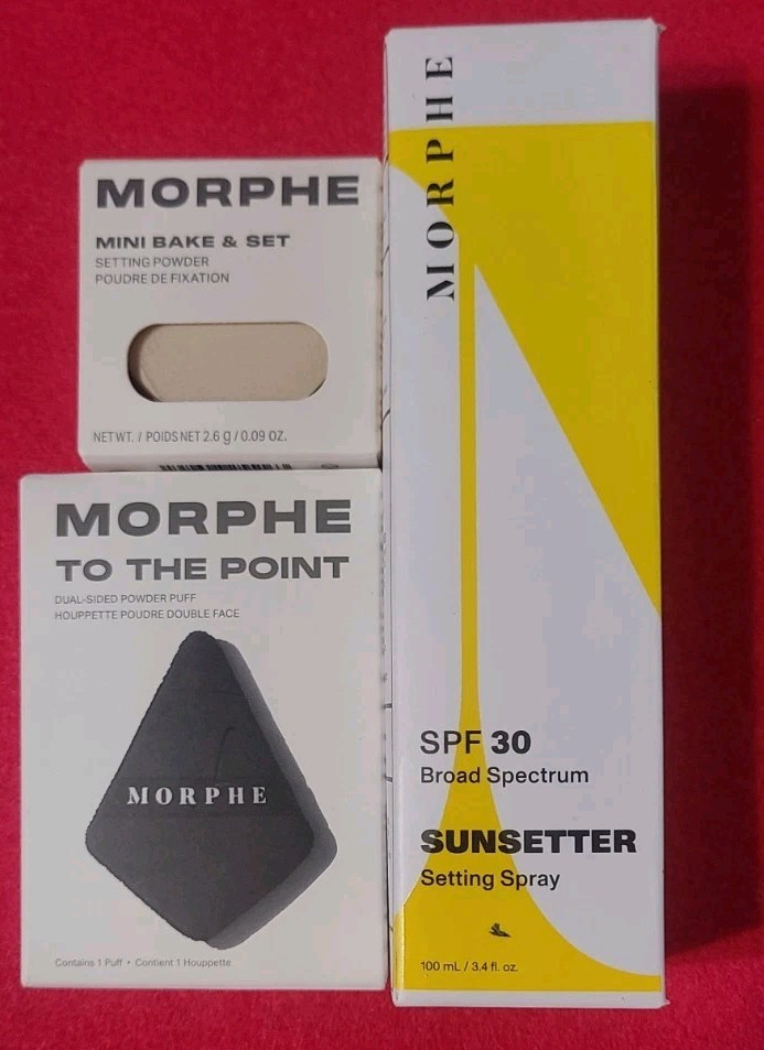 MORPHE LOT OF 3 ITEMS SUNSETTER SPRAY, SETTING POWDER & POWDER PUFF NIB