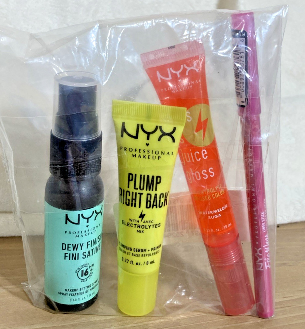 NYX Mini Face Dewy Finish Set Juice Gloss Plump Serum Eye Pink Trial Makeup 4pc