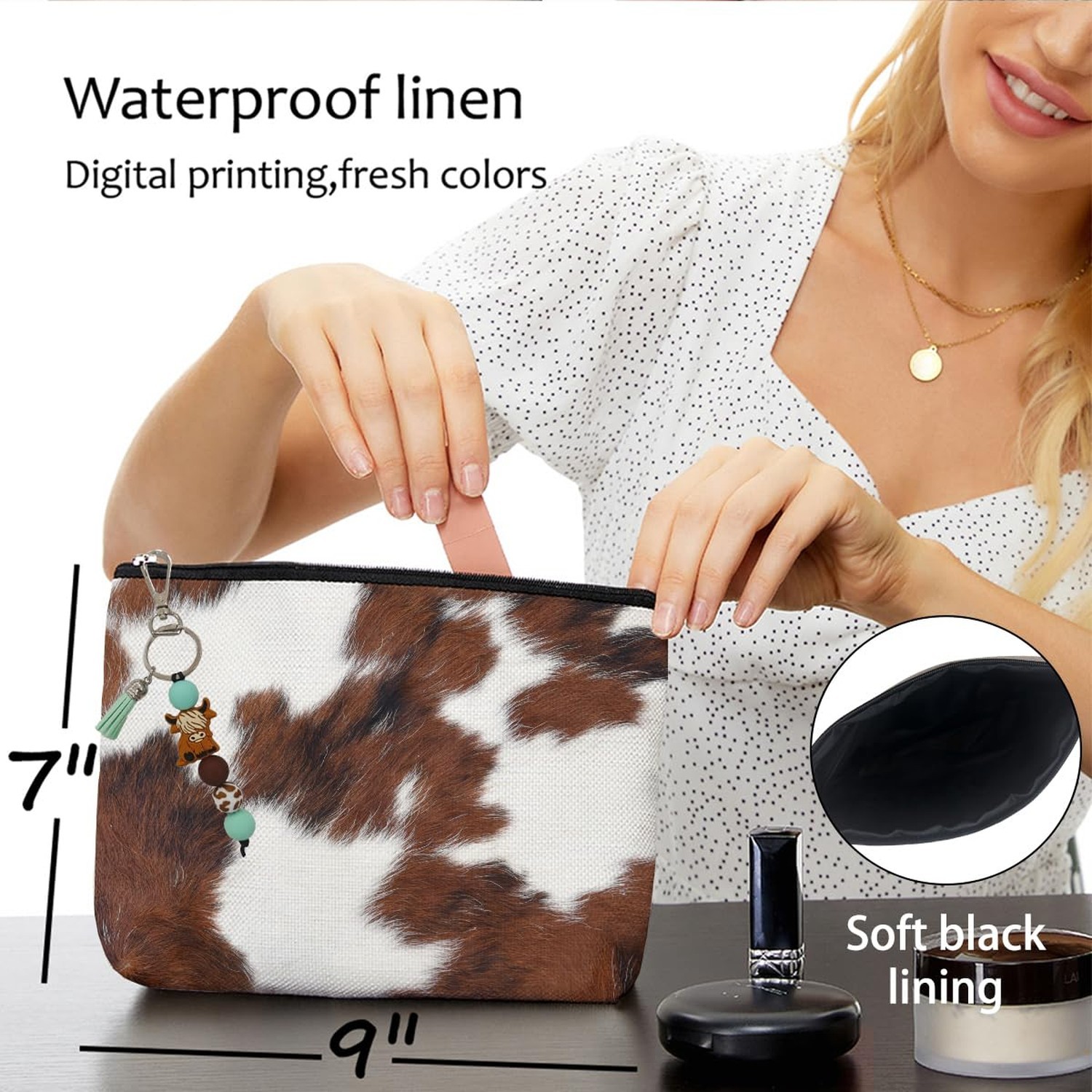 Cow Fur Print Makeup Bag for Women Lady Bestie, Large Capacity Makeup Pouch T…
