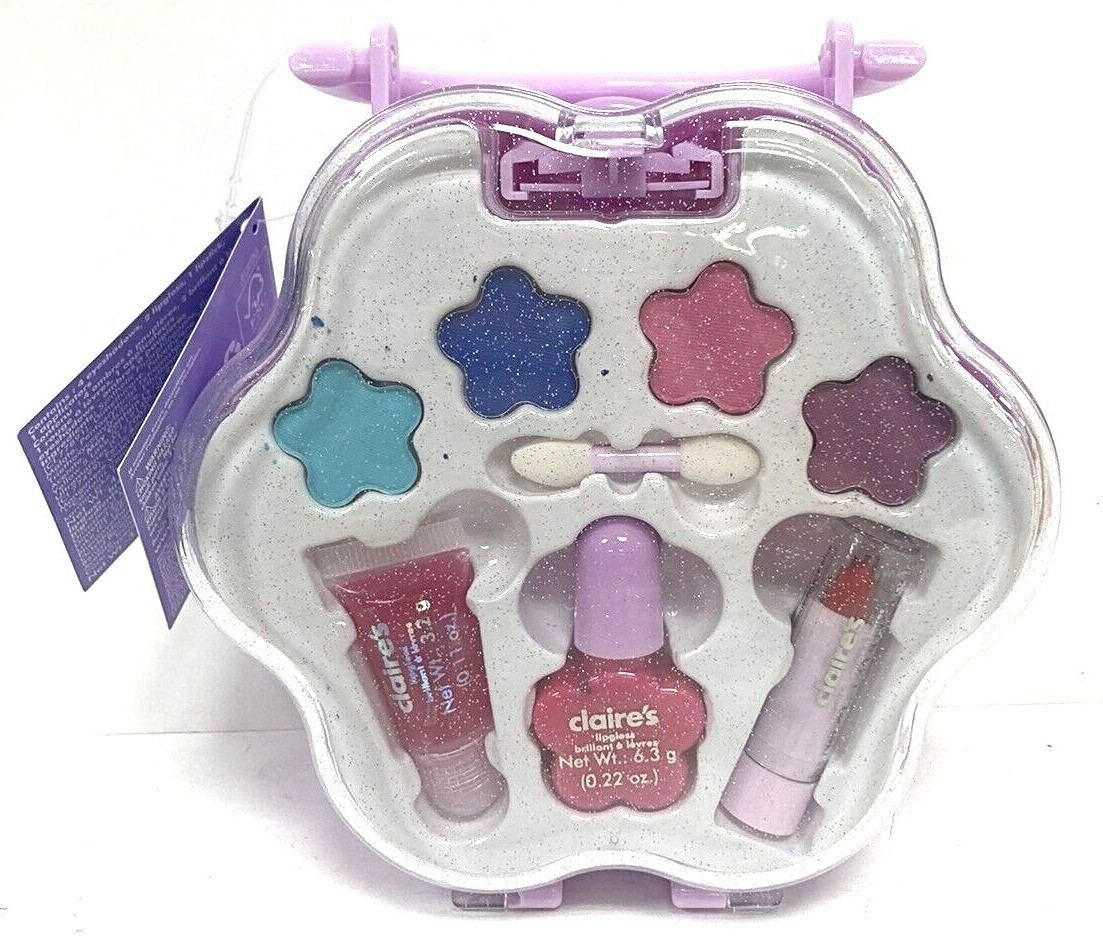 Claire’s Girls Flower Shaped Makeup Kit 4 Eyeshadows 2 Lip Gloss 1 Lipstick NEW