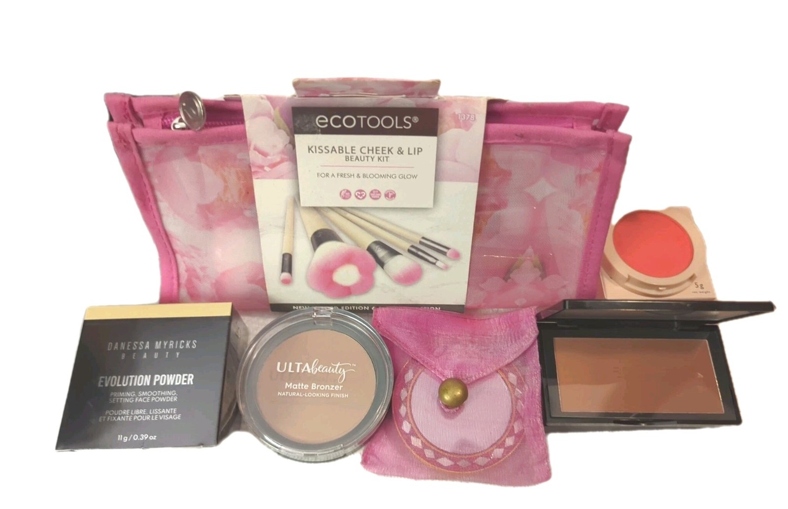 Lot of Facial Makeup Bronzer, Face Powder, Lipstick, Brushes With Bag