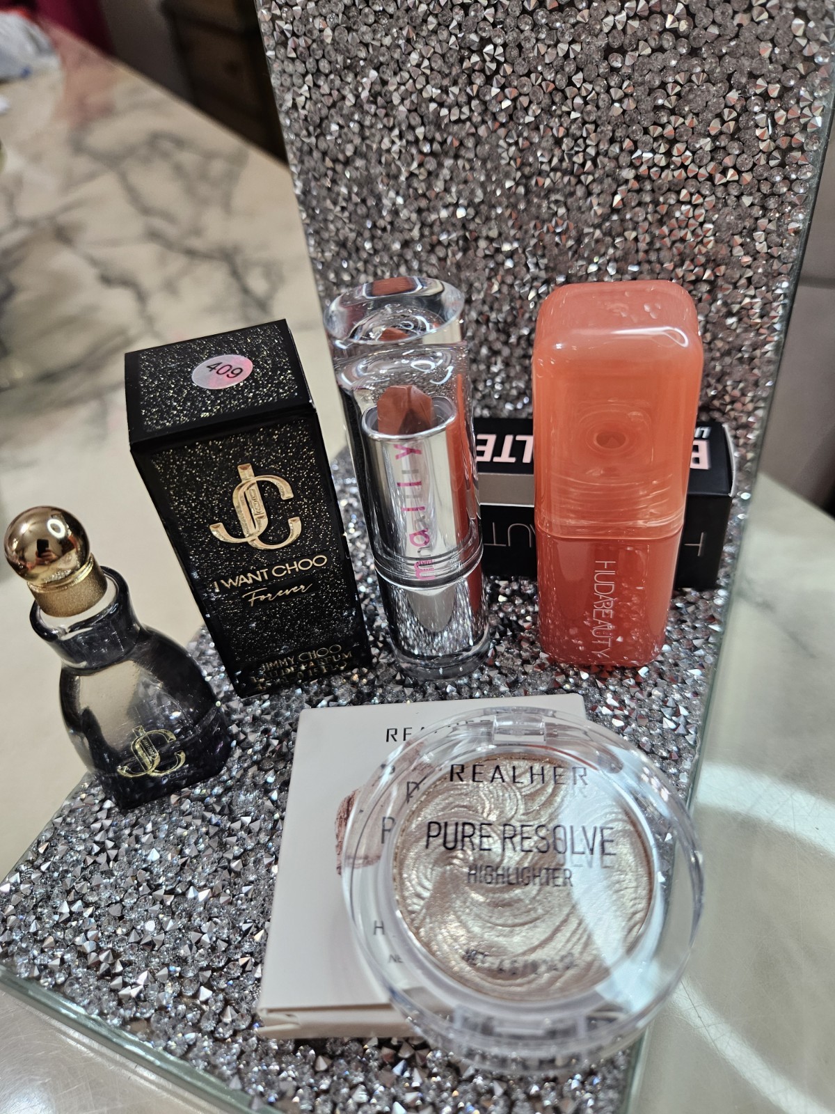 Jimmy Choo I Want Choo, REALHER Highlighter, Huda Beauty Lipstick Lot 4