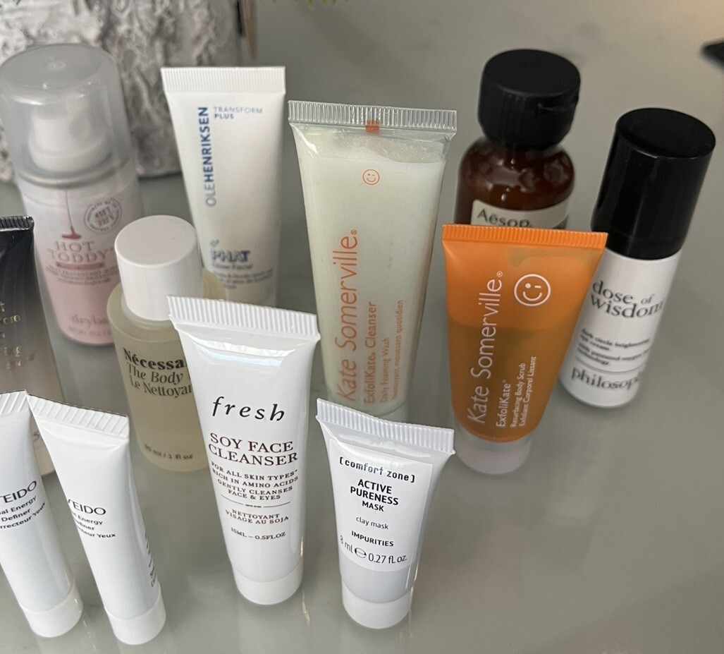 Lot of 32 Travel & Sample Beauty Products Skin/Makeup YSL/Oribe/Kiehls NEW