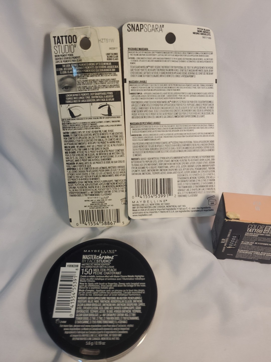 4pc. Maybelline Highlighter, Mascara,Tatoo Studio Brow Pencil, Cream Eyeshadow