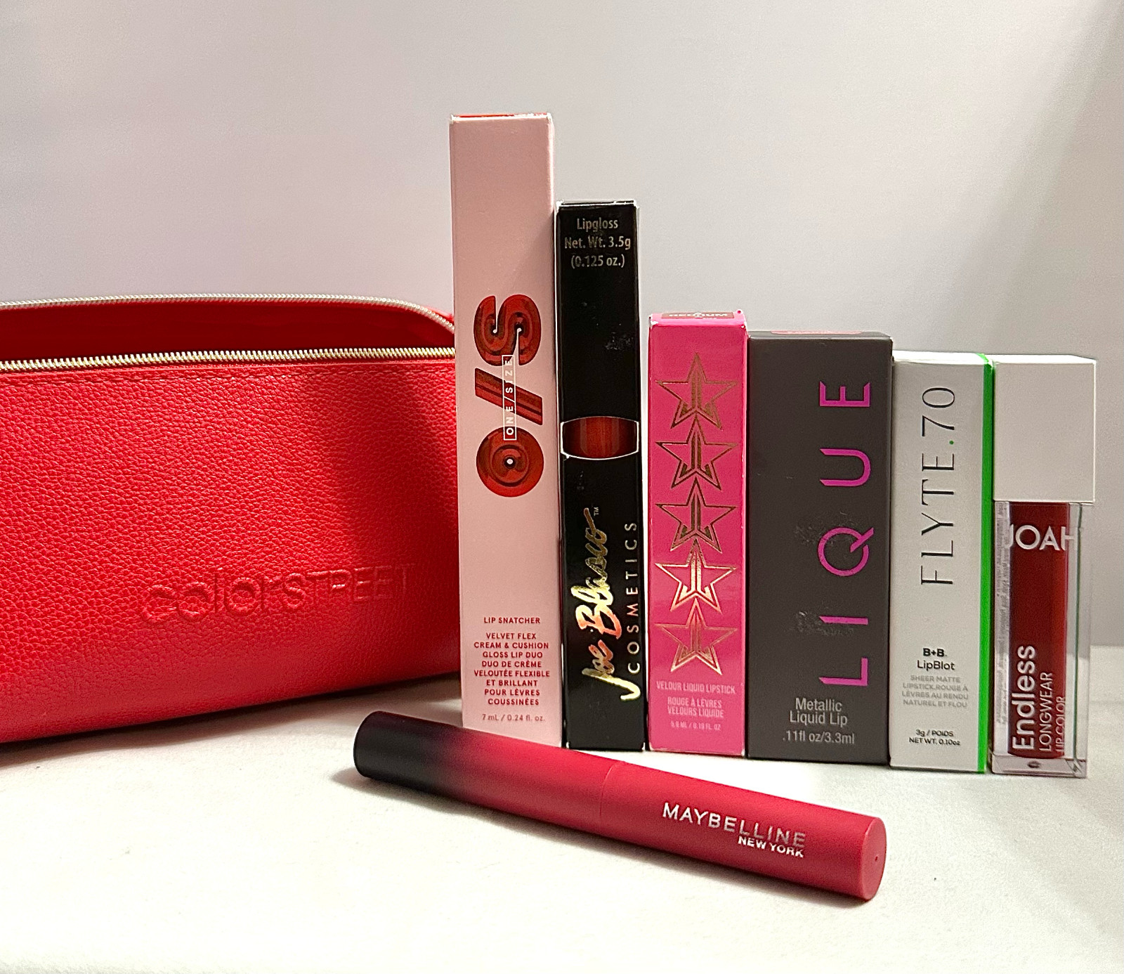 7 Pc Red Lip Bundle O/S Jeffree Star Lique Flyte.70 JOAH Maybelline + Bag NEW