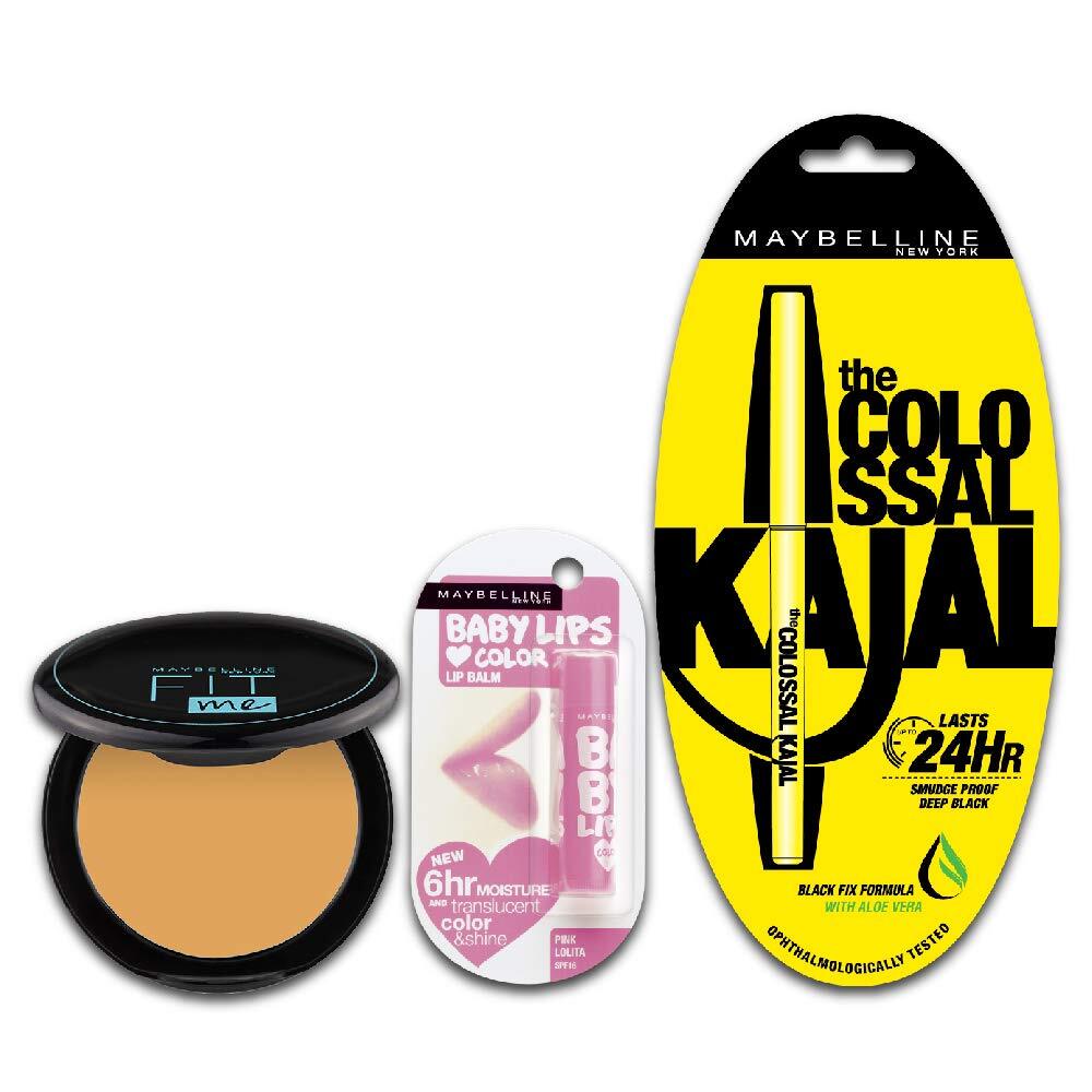 Maybelline New York Colossal Kajal, Baby Lips Color, Fit Me Compact Pack Of 3