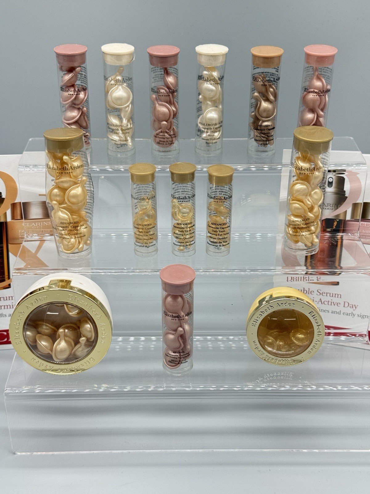WHOLESALE LOT OF 119 CAPSULES ELIZABETH ARDEN / CLARINS PARIS BEAUTY PRODUCTS