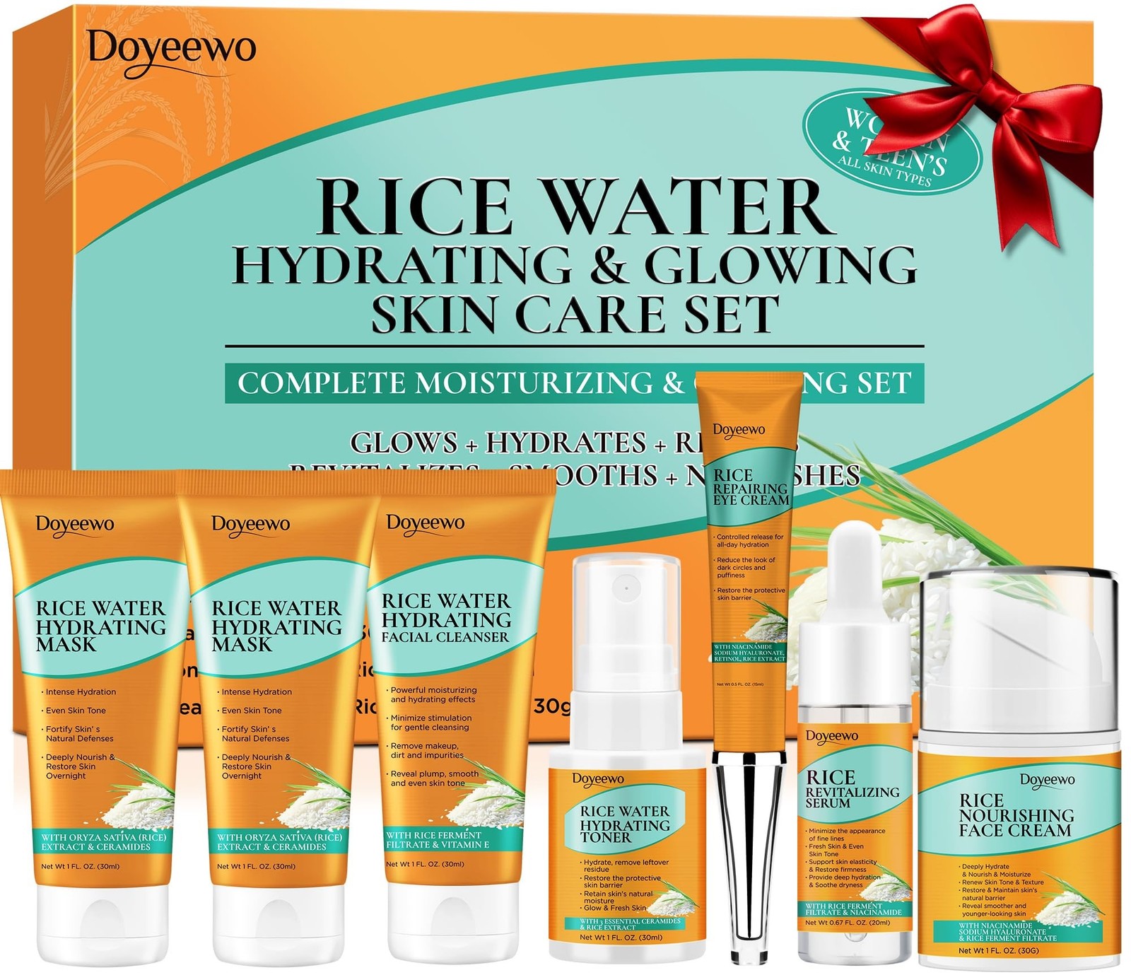 Skin Care Set,7Pcs Women Teen Glass Skincare w/Korean Rice Extract,Hydrate Gl…