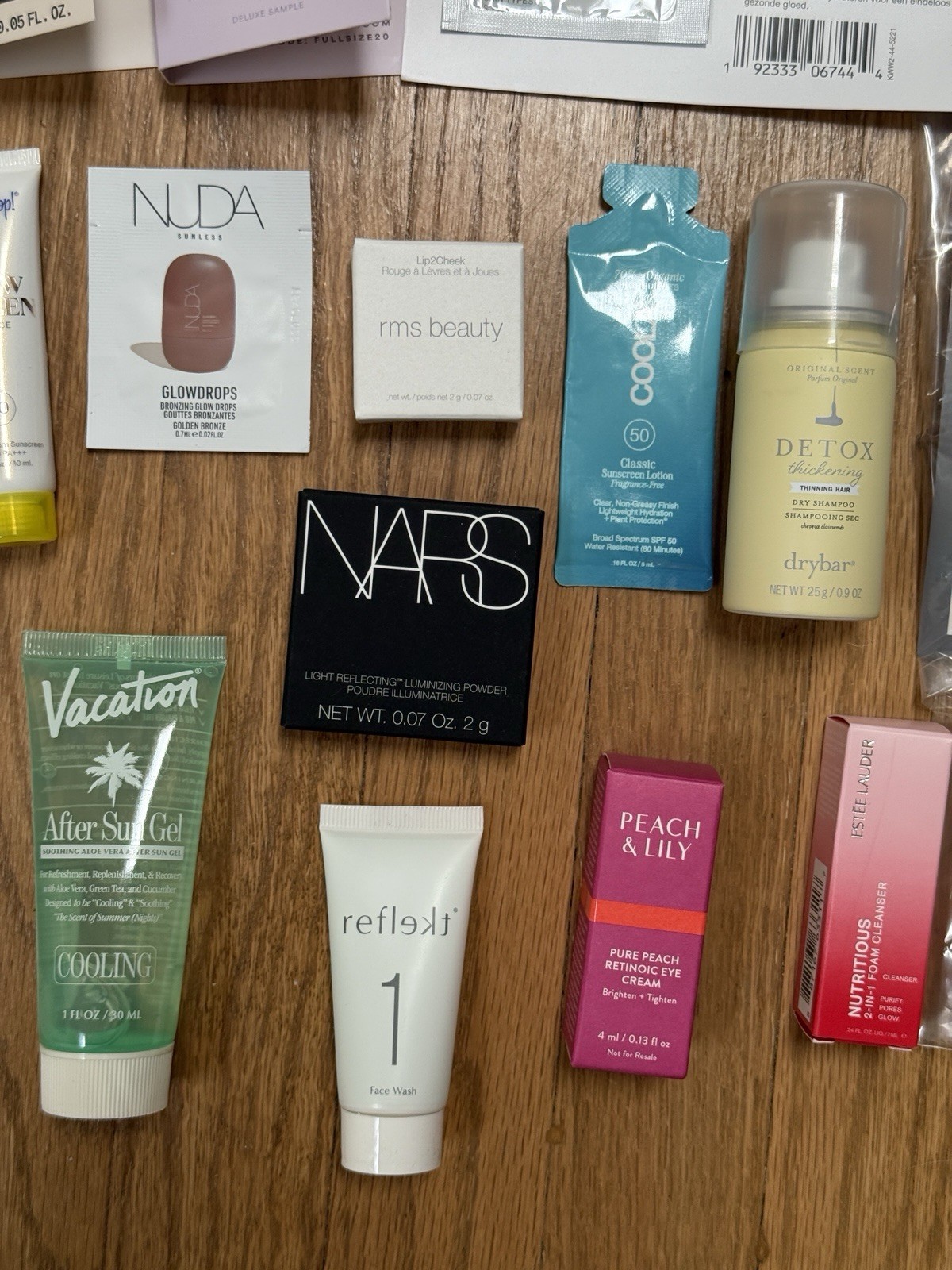 20 Piece Deluxe Large Travel Sample Lot Skincare Makeup Perfume NARS Drybar Noyz
