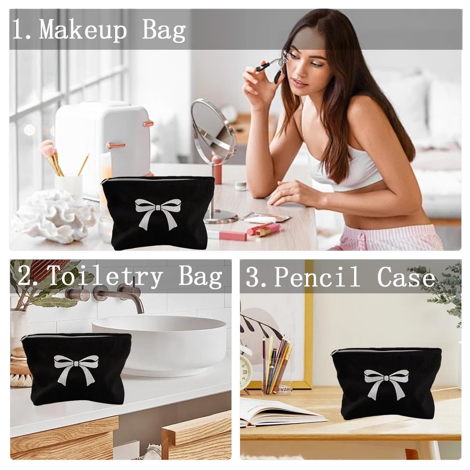 Black Bow Makeup Bag Soft Corduroy Zipper Cosmetic Bag Large Capacity Travel …