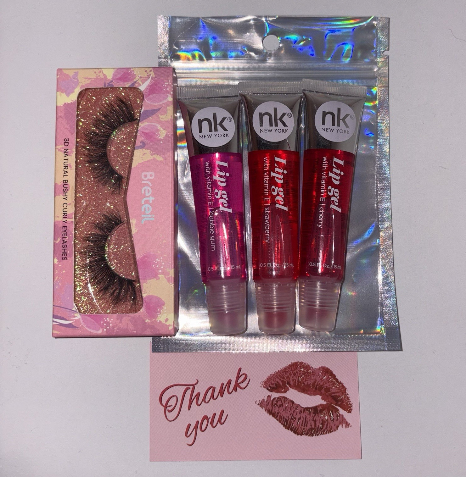 NK New York Travel Size Lip Gel w/ Vitamin E + 3D Curly False Eyelashes BUNDLE