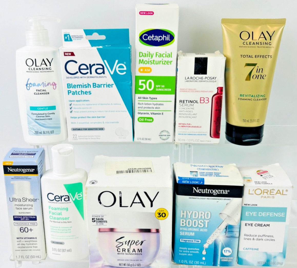 Skin Care Lot Of 10 Mixed Brands OLAY, L’Oreal, Cerave,LA ROCHE-POSAY,ect (Read)