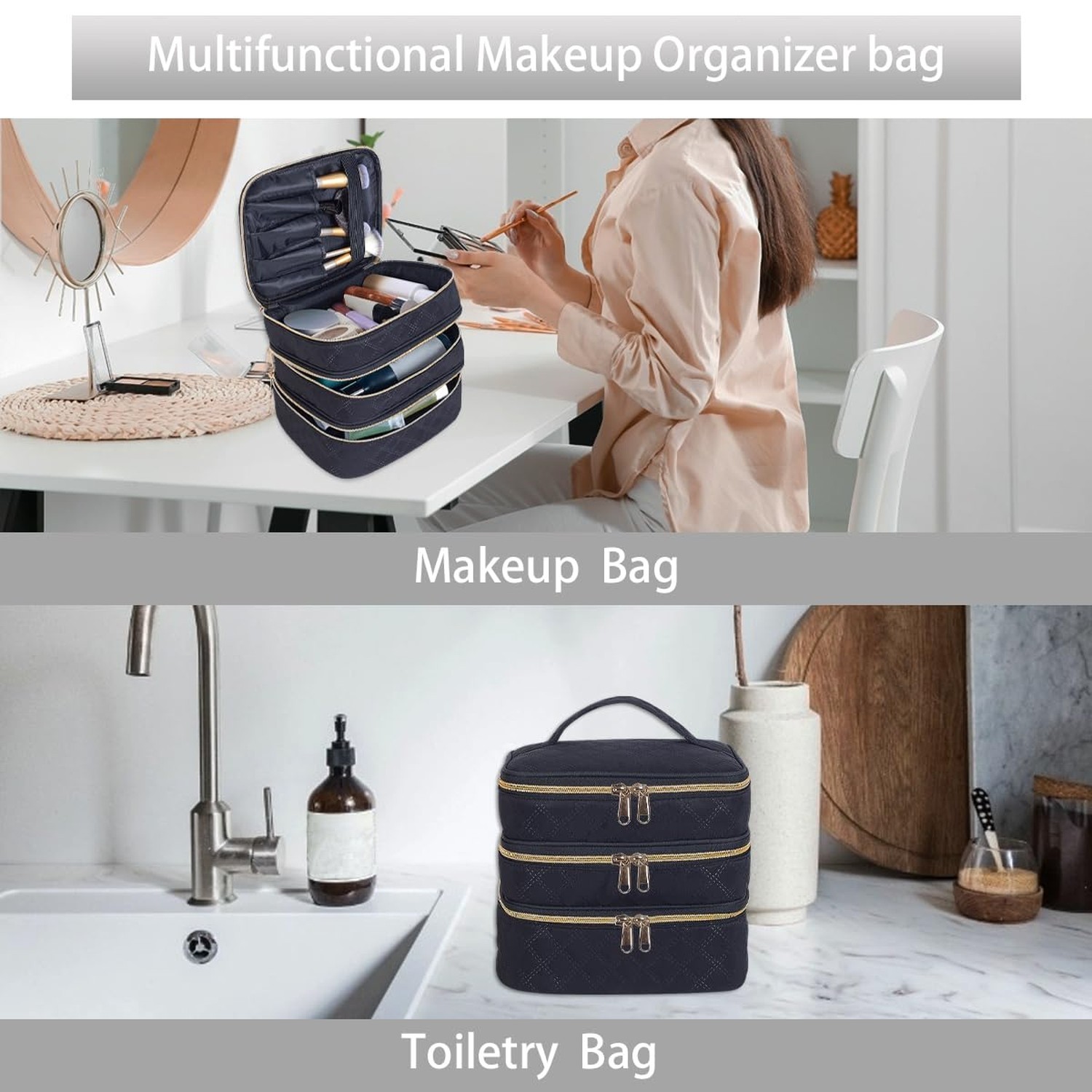 Large Makeup Bag 3 Layers with Handle Travel Makeup Bag Organizer Toiletry Ac…