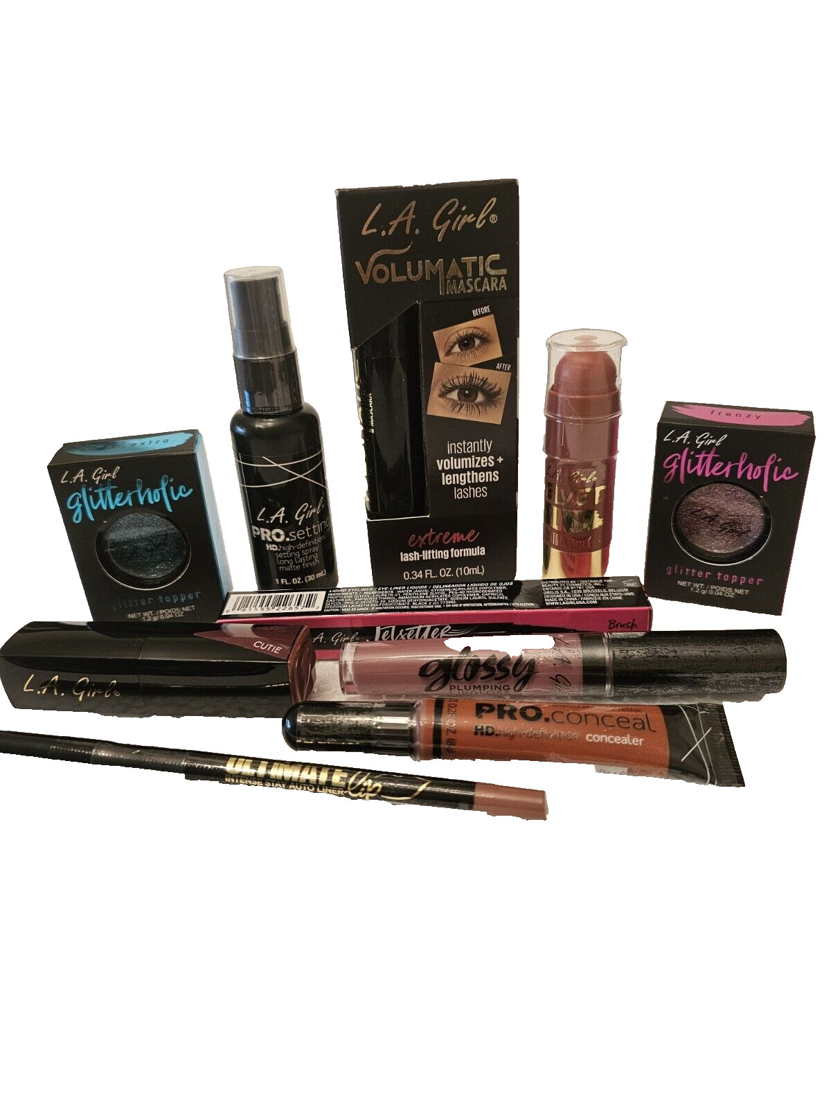 L.A Girl 10 Pc Mascara Glitter Set. Spray Lip/Eye Liner Lipstick Conceal Blush.