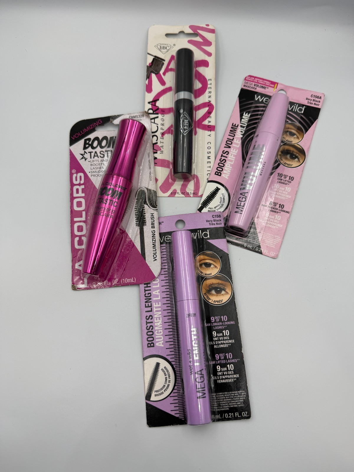 4PCS Mixed Mascara Lot Wet N Wild Mega Volume Mascara, LA Colors Boomtastic, etc
