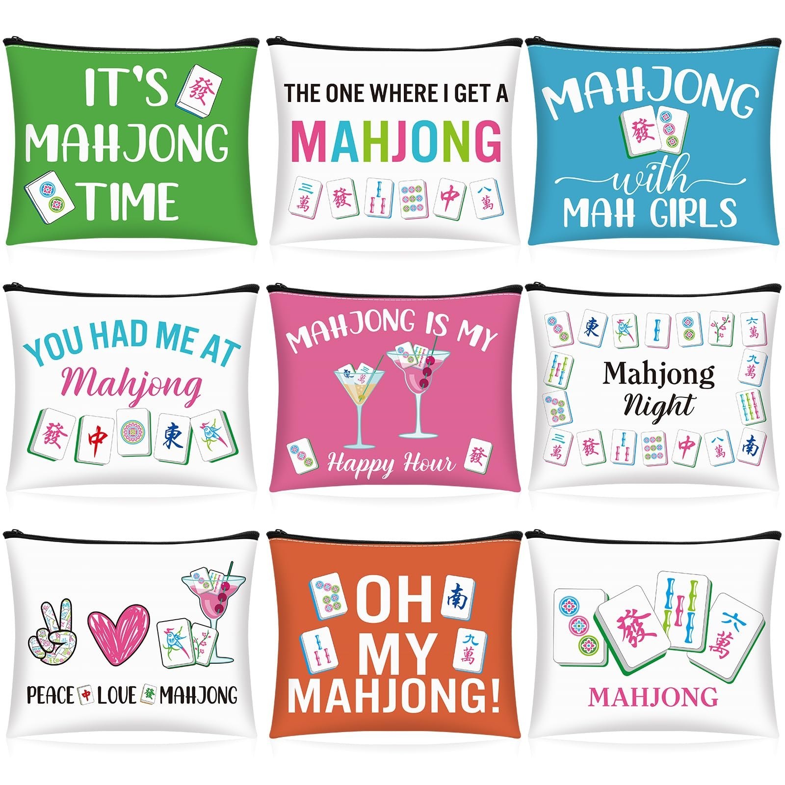 9 Pcs Mahjong Cosmetic Bag Gifts for Women Mahjong Makeup Bag Mah Jong Zipper…
