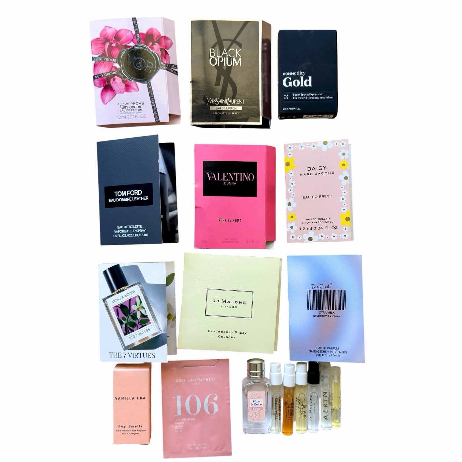 GIANT Lot of 71 Luxury Beauty Samples Skincare Make Up Perfume + Cosmetic Bag