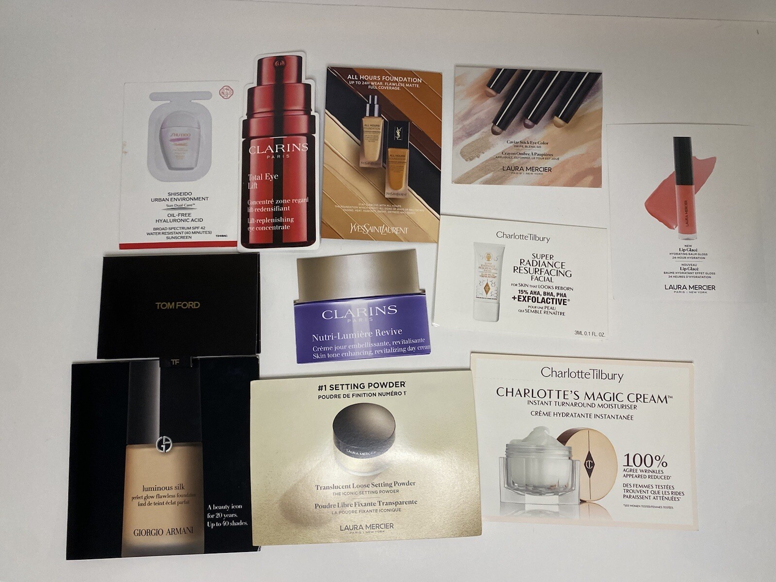 10 Pcs Beauty Makeup Skin Samples Tilbury Armani YSL Ford Mercier Clarins BONUS