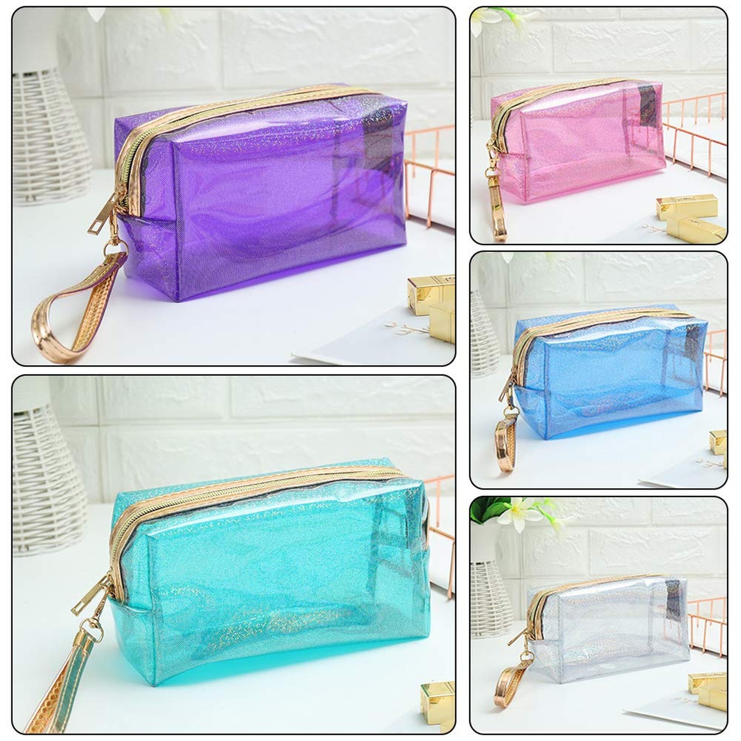 Meetory 5 Pack Waterproof Cosmetic Bag Portable Translucent Makeup Bag Zipper…