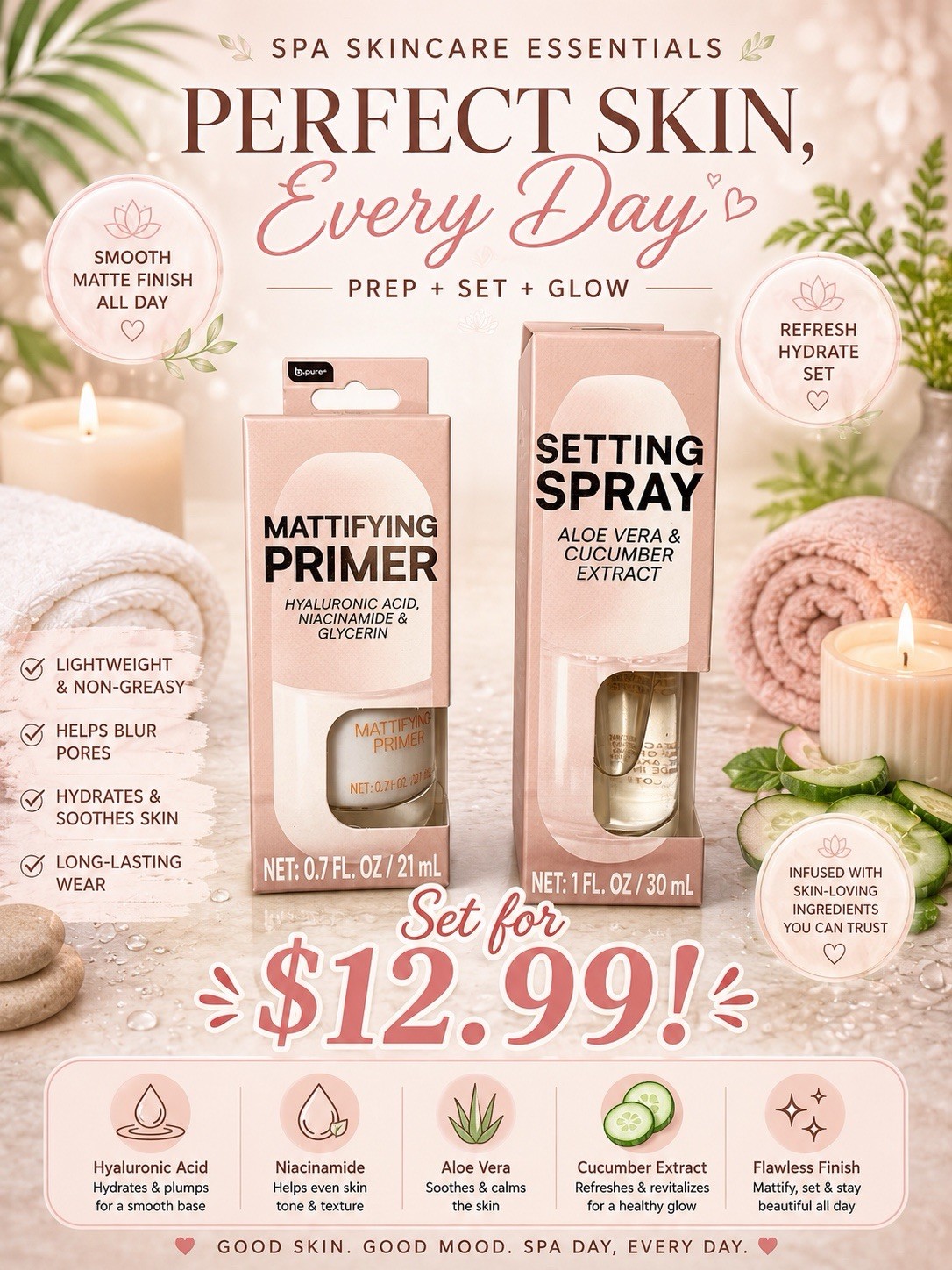 b.pure Mattifying Primer & Setting Spray Set 0.7oz 1oz Lightweight Non-Greasy
