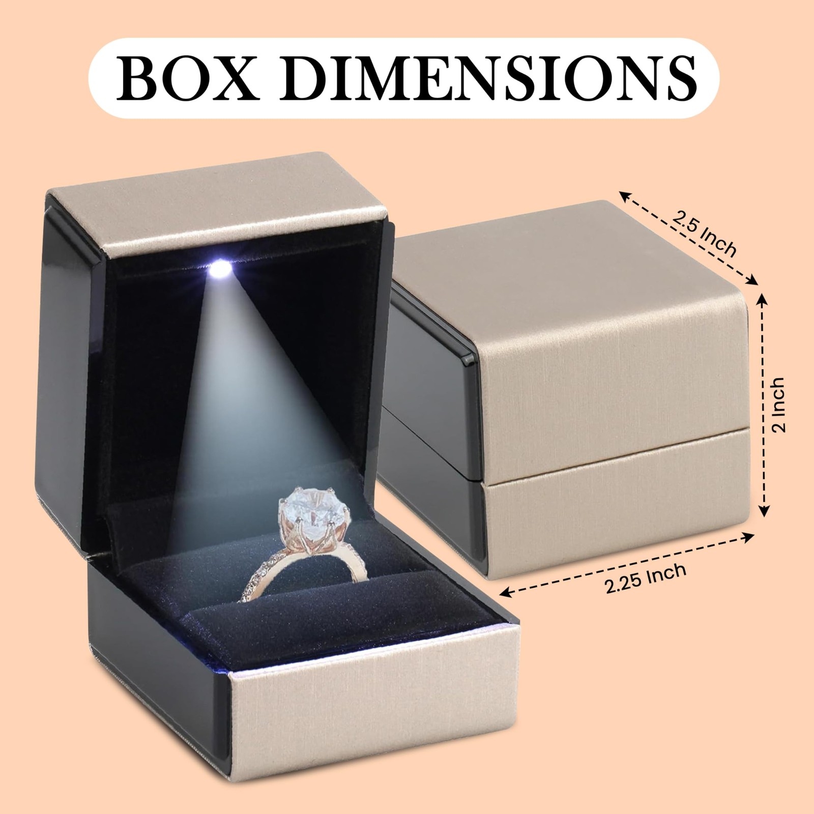 Novel Box Square Shaped Gold Ring Box With LED Light 2.25X2X2.5 Inches – Jewe…