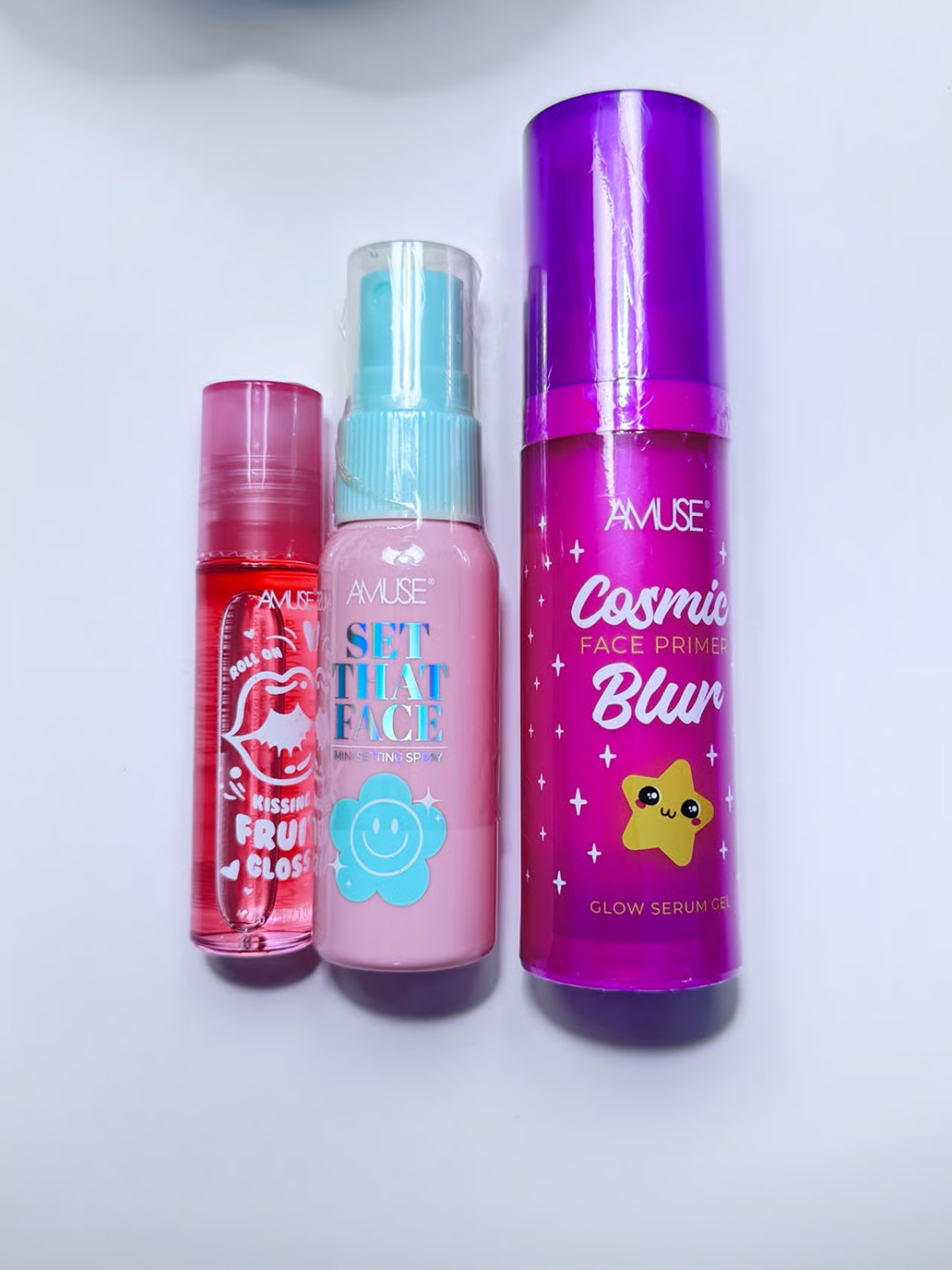 AMUSE Beauty Bundle Cosmic Primer Kissing Fruit Gloss Set That Face Spray